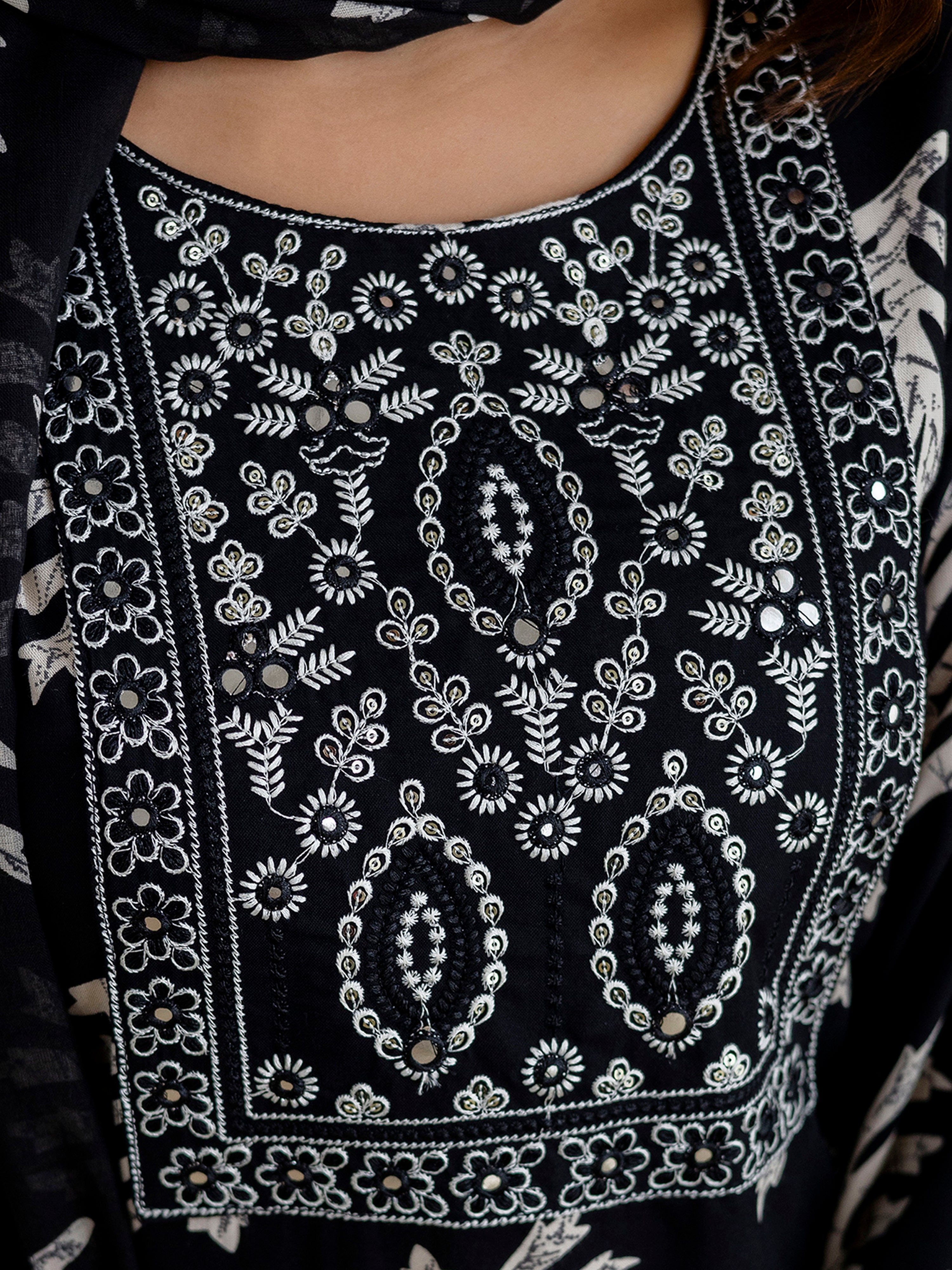Black Pure Cotton Leaf Print Kurta Pant with Dupatta Set | Embroidery Neck Work Kurta Set Ethnic Wear