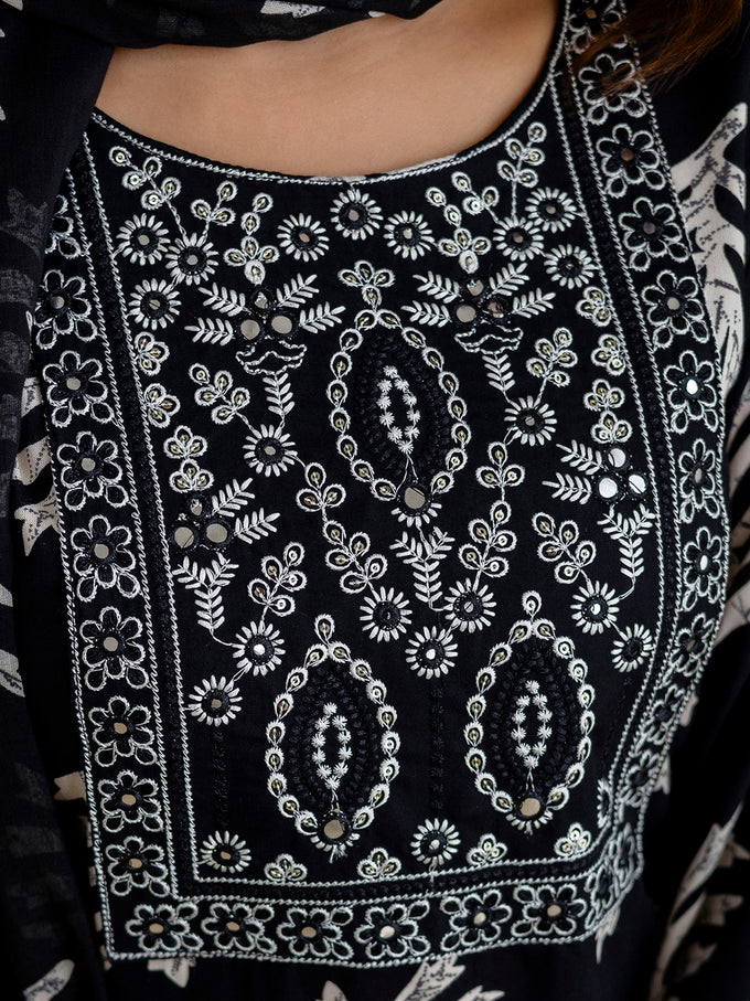 Black Pure Cotton Leaf Print Kurta Pant with Dupatta Set | Embroidery Neck Work Kurta Set Ethnic Wear