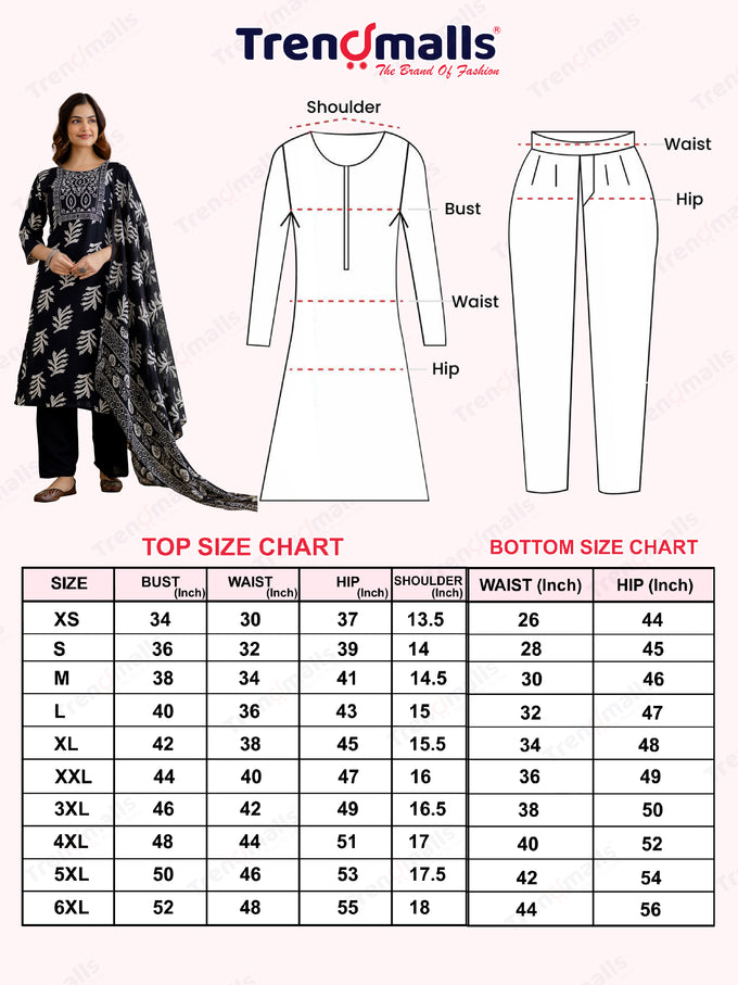 Black Pure Cotton Leaf Print Kurta Pant with Dupatta Set | Embroidery Neck Work Kurta Set Ethnic Wear