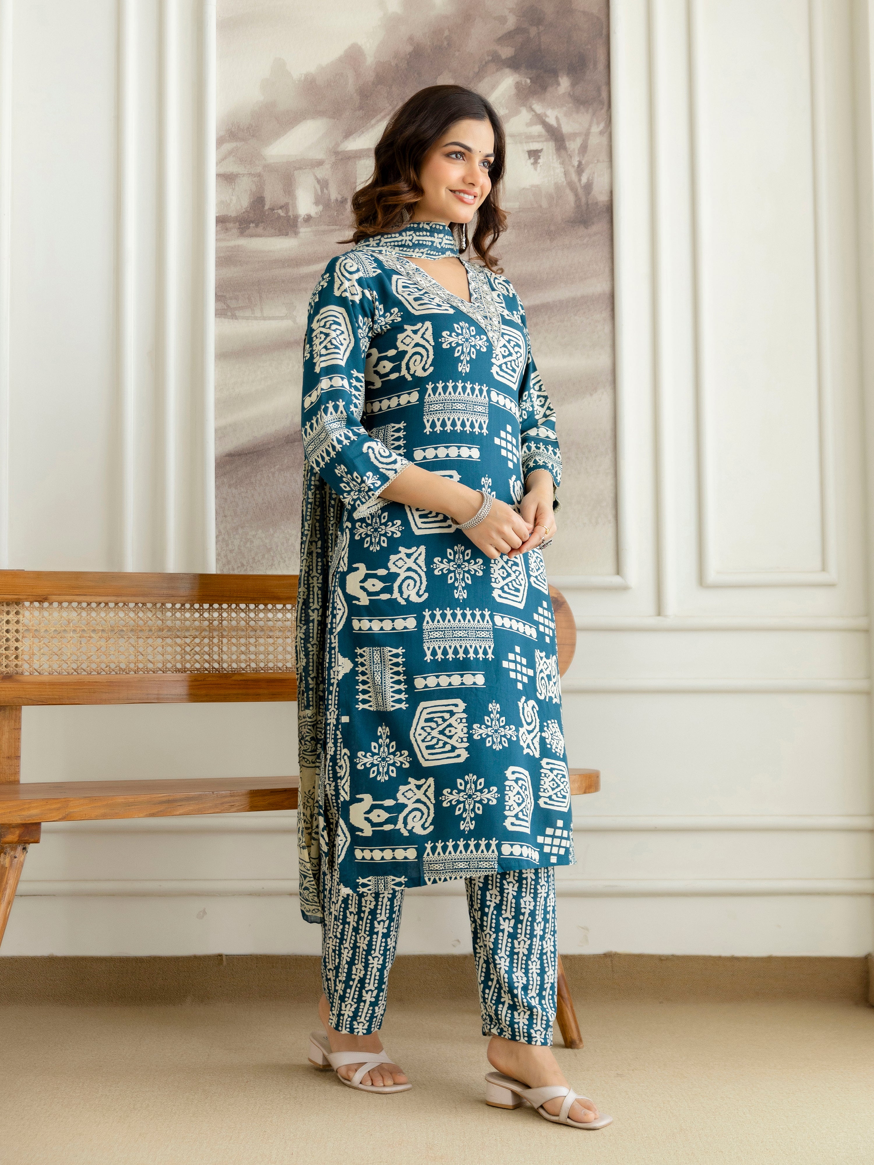 Morpeach Pure Cotton Traditional Ethnic Motif Print Kurta Pant with Dupatta Set