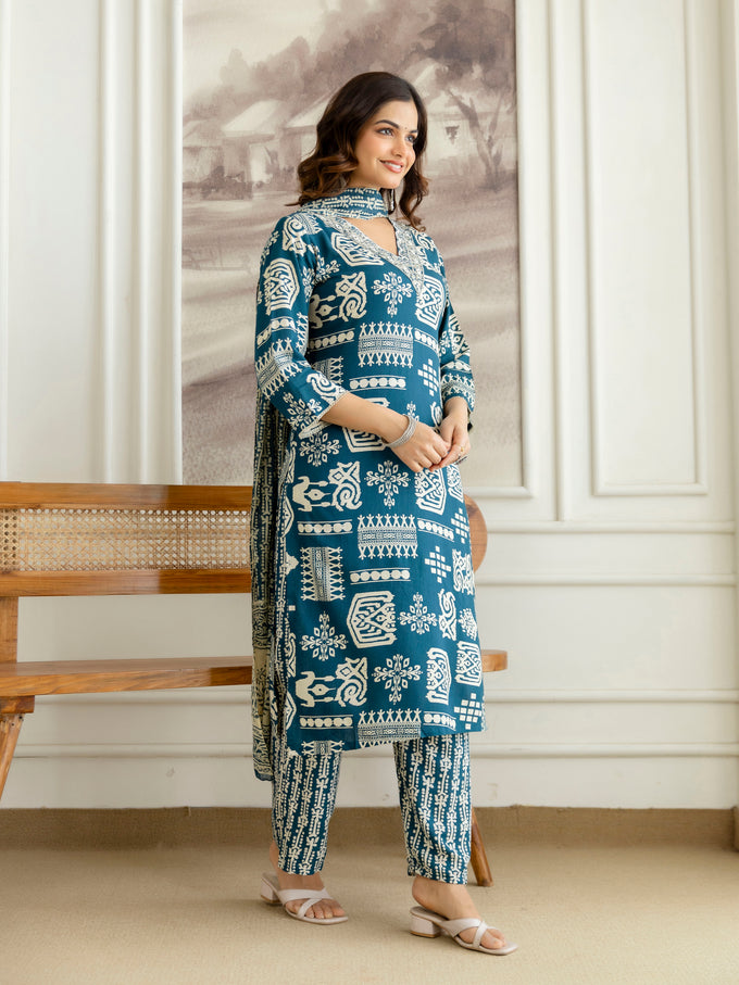 Morpeach Pure Cotton Traditional Ethnic Motif Print Kurta Pant with Dupatta Set