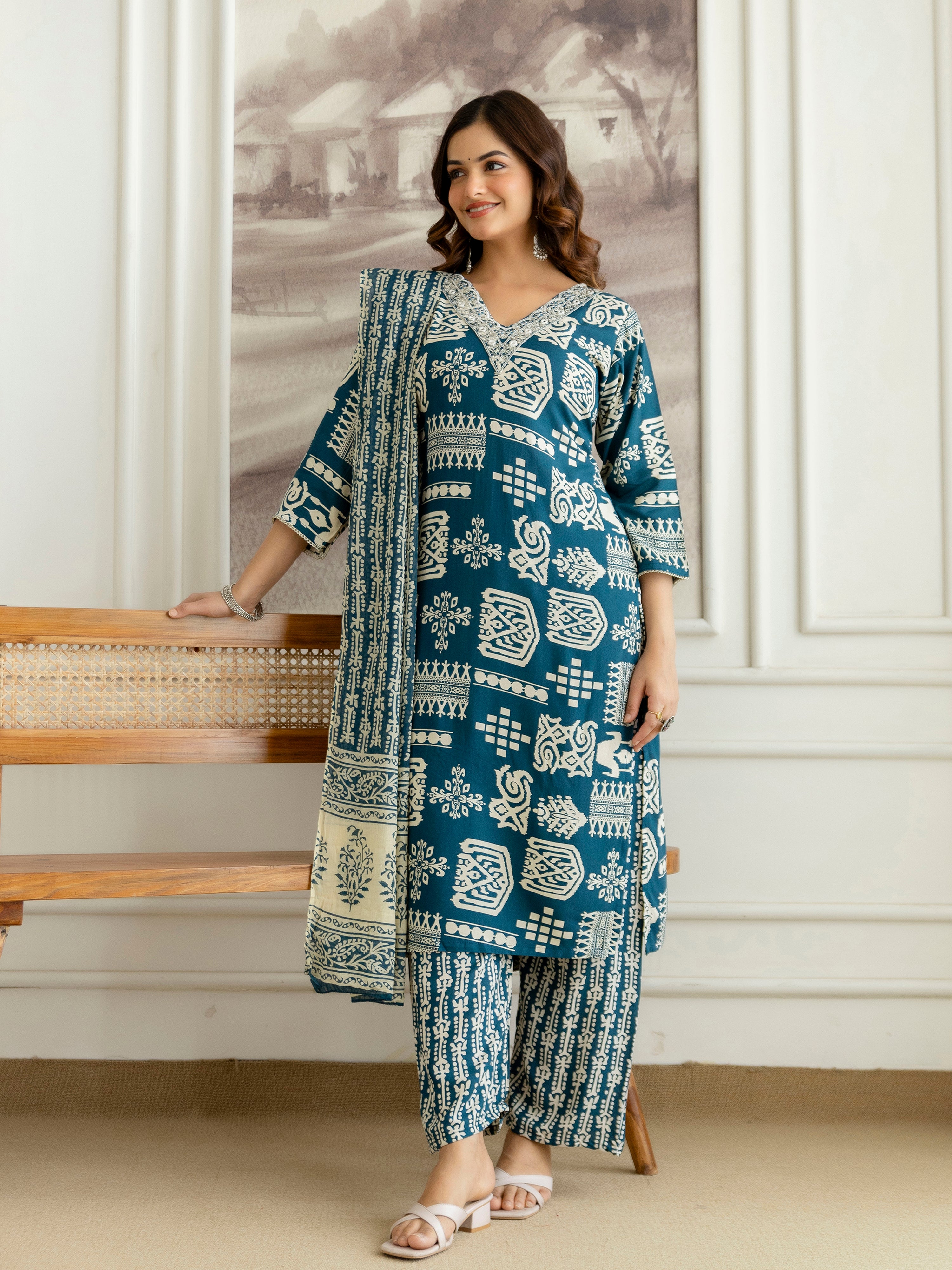 Morpeach Pure Cotton Traditional Ethnic Motif Print Kurta Pant with Dupatta Set