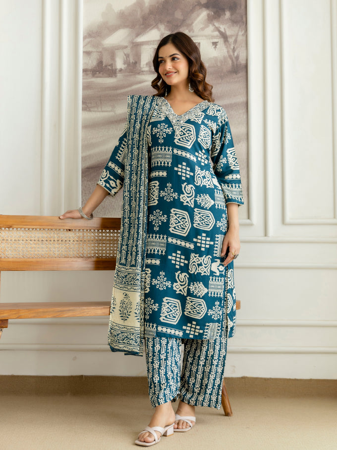 Morpeach Pure Cotton Traditional Ethnic Motif Print Kurta Pant with Dupatta Set