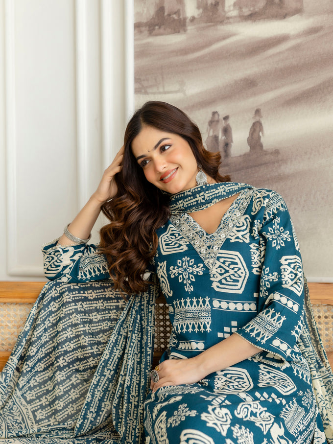 Morpeach Pure Cotton Traditional Ethnic Motif Print Kurta Pant with Dupatta Set