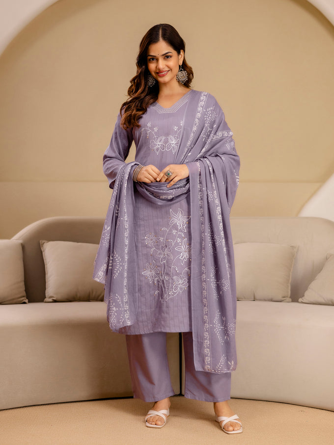 Purple Pure Cotton Embroidery Sequence Work Kurta Pant with Floral Print Dupatta Set