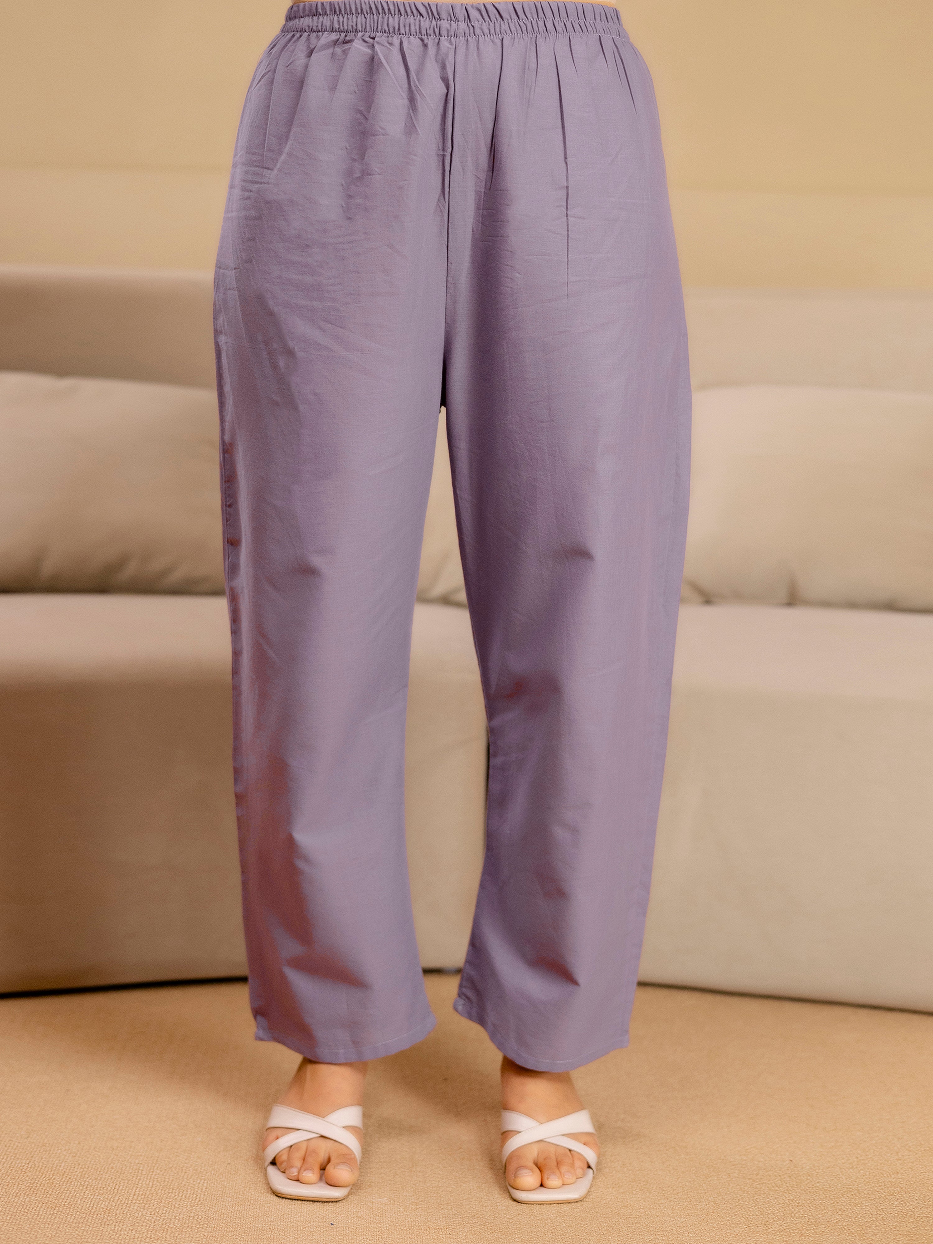 Purple Pure Cotton Embroidery Sequence Work Kurta Pant with Floral Print Dupatta Set