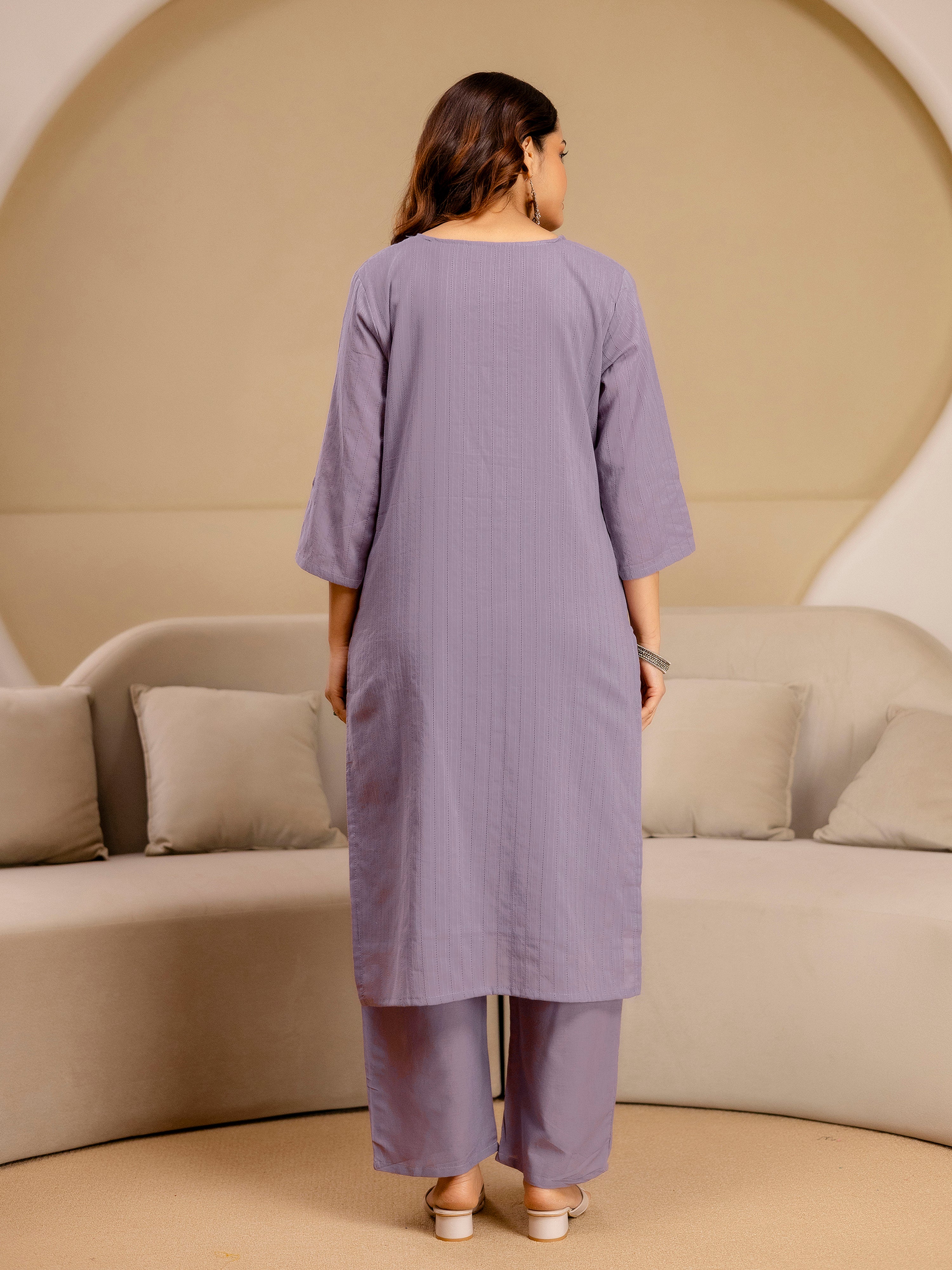 Purple Pure Cotton Embroidery Sequence Work Kurta Pant with Floral Print Dupatta Set