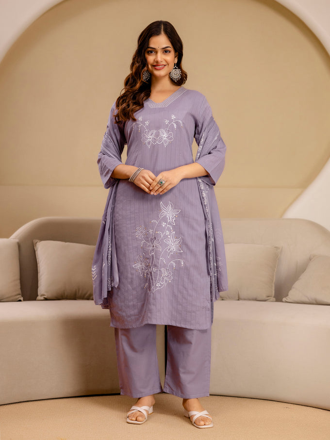 Purple Pure Cotton Embroidery Sequence Work Kurta Pant with Floral Print Dupatta Set