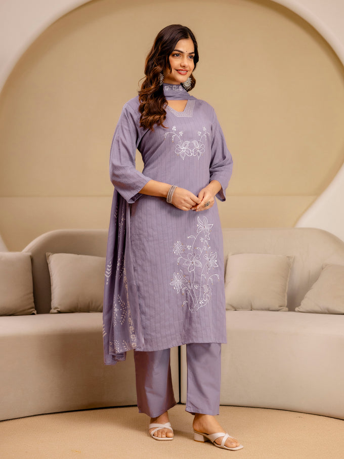 Purple Pure Cotton Embroidery Sequence Work Kurta Pant with Floral Print Dupatta Set
