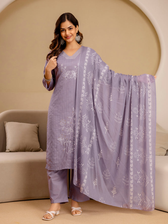 Purple Pure Cotton Embroidery Sequence Work Kurta Pant with Floral Print Dupatta Set