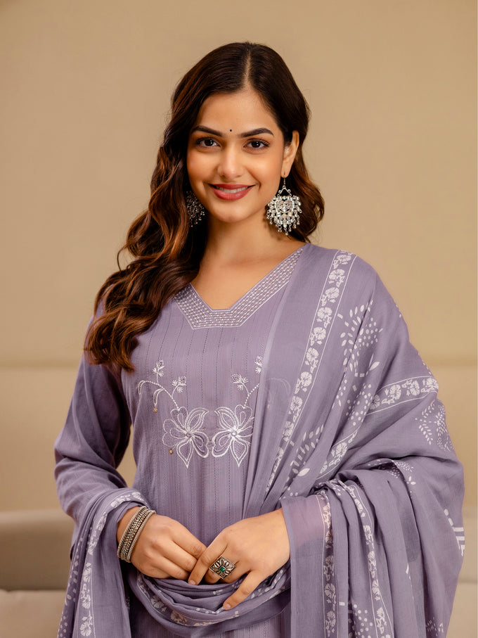 Purple Pure Cotton Embroidery Sequence Work Kurta Pant with Floral Print Dupatta Set