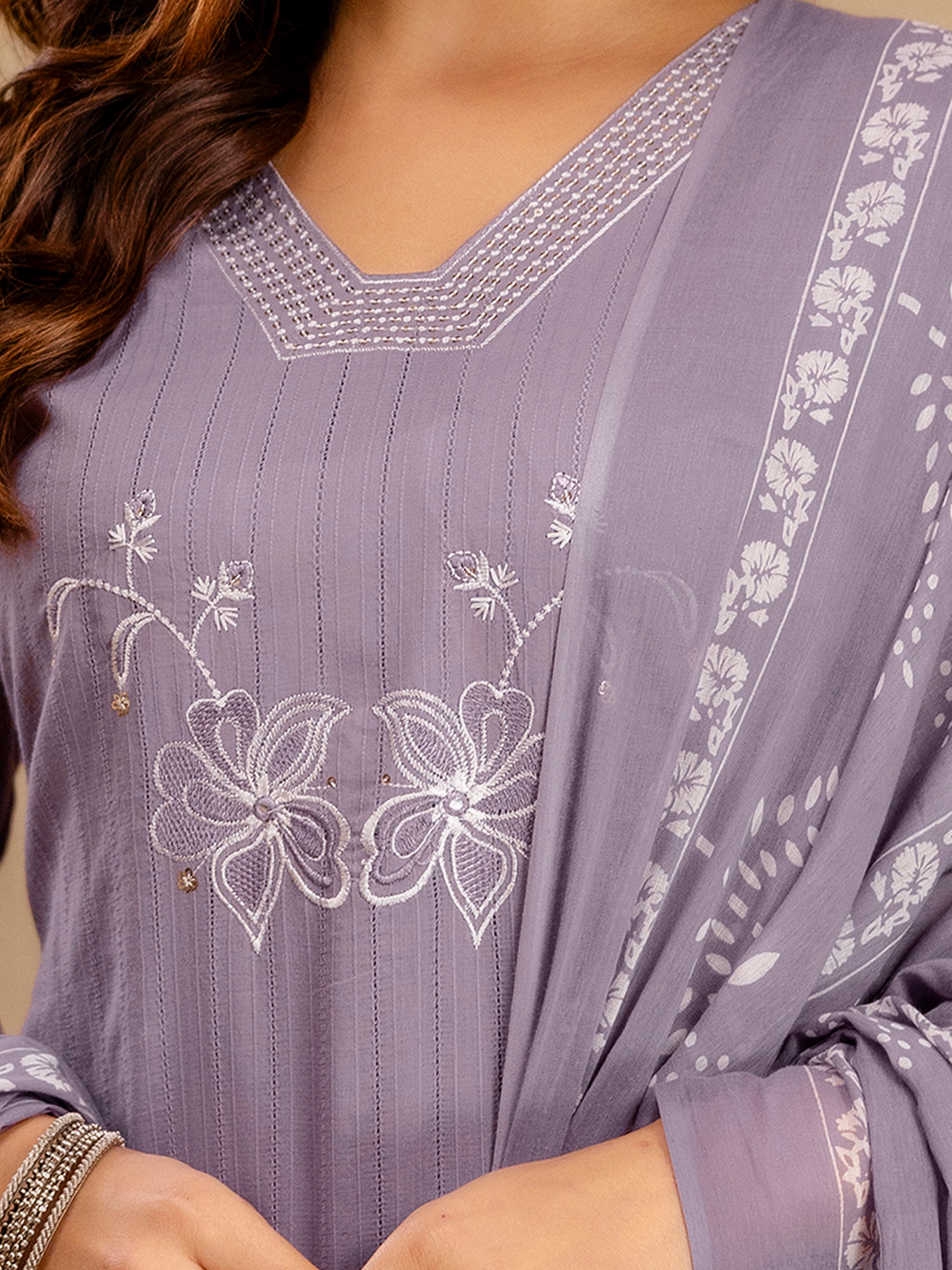 Purple Pure Cotton Embroidery Sequence Work Kurta Pant with Floral Print Dupatta Set