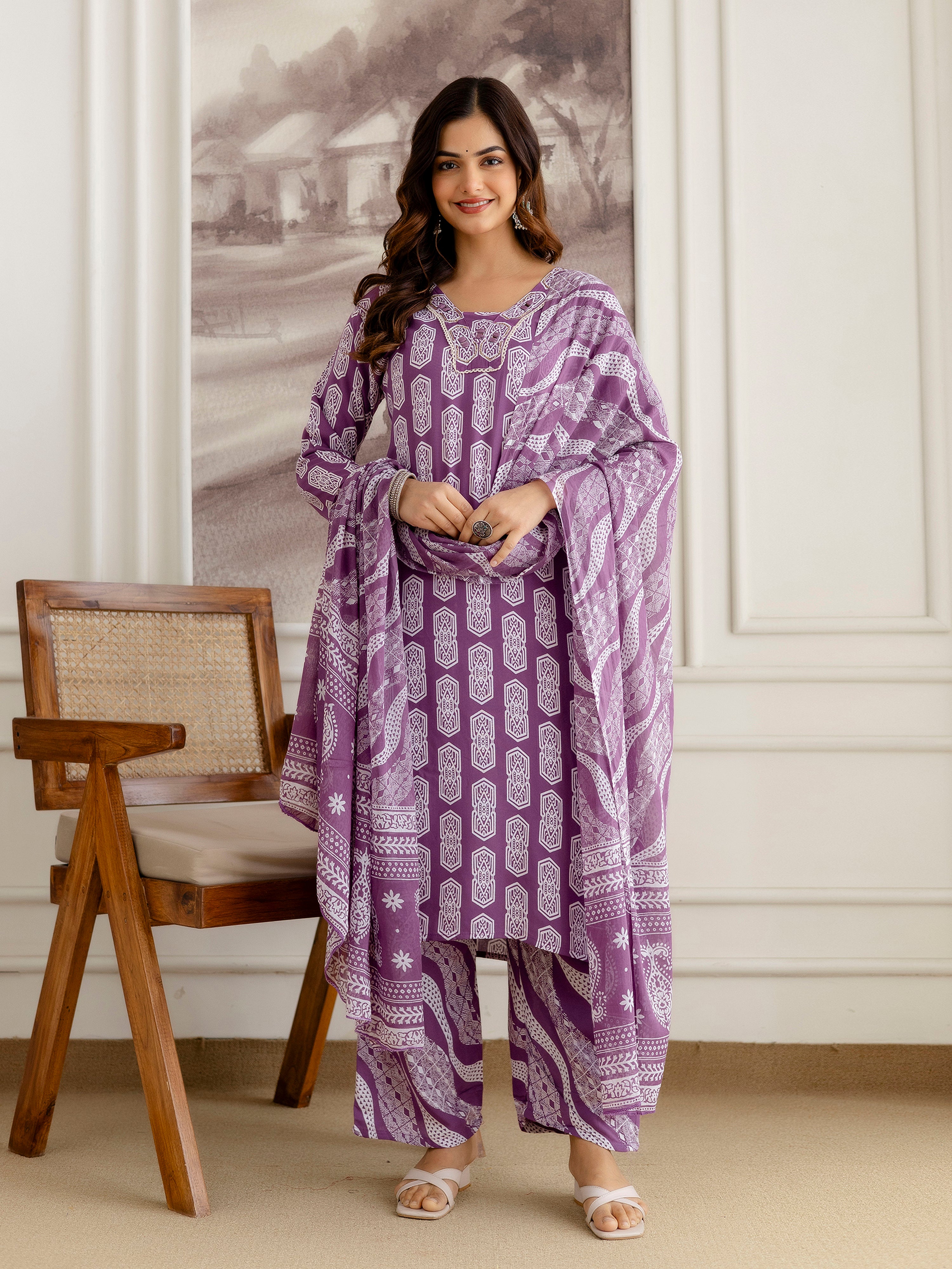 Purple Pure Cotton Geometric Block Print Kurta Pant with Dupatta Set | Embroidery Neck Work Kurta Set Ethnic Wear