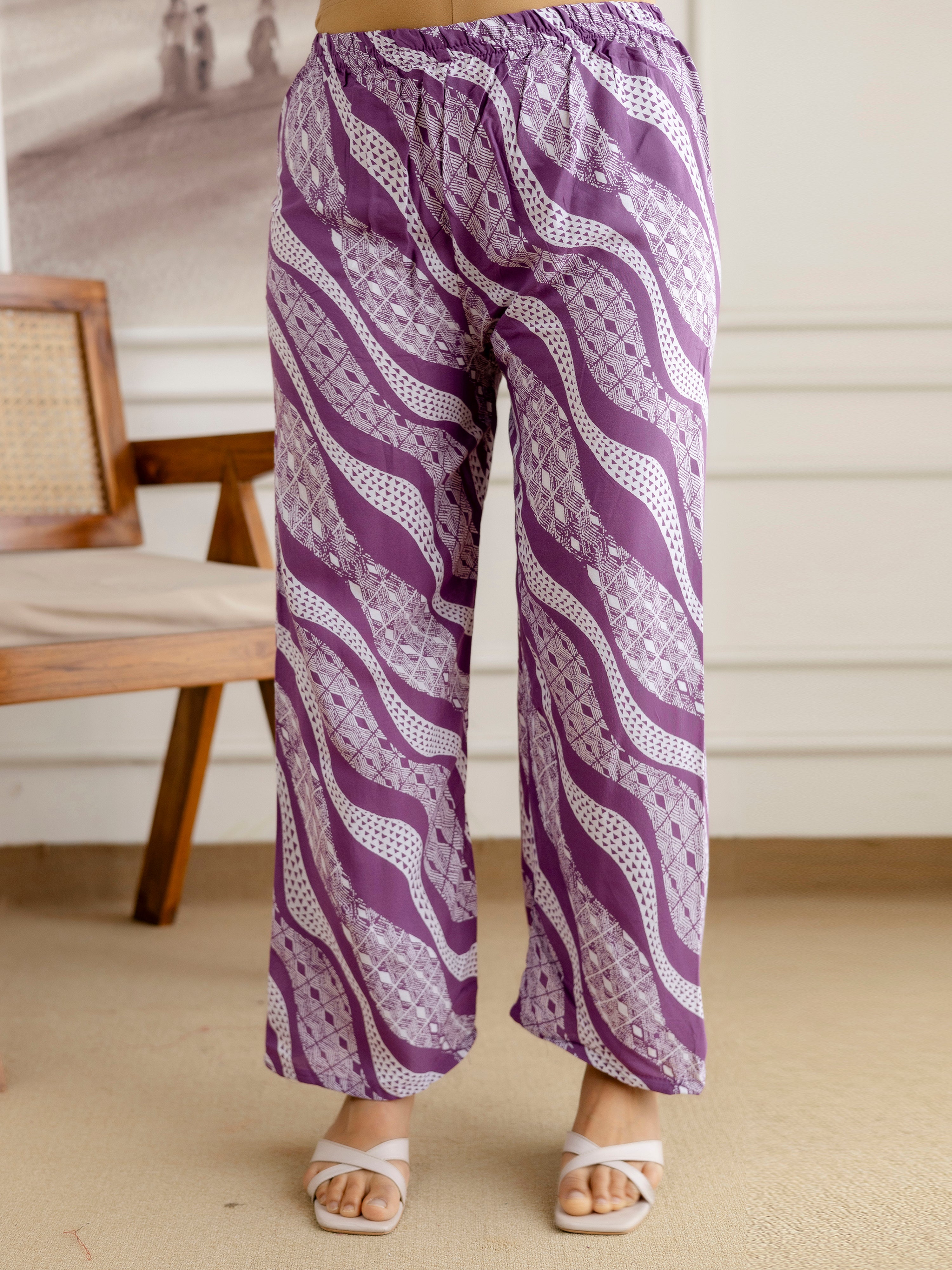 Purple Pure Cotton Geometric Block Print Kurta Pant with Dupatta Set | Embroidery Neck Work Kurta Set Ethnic Wear