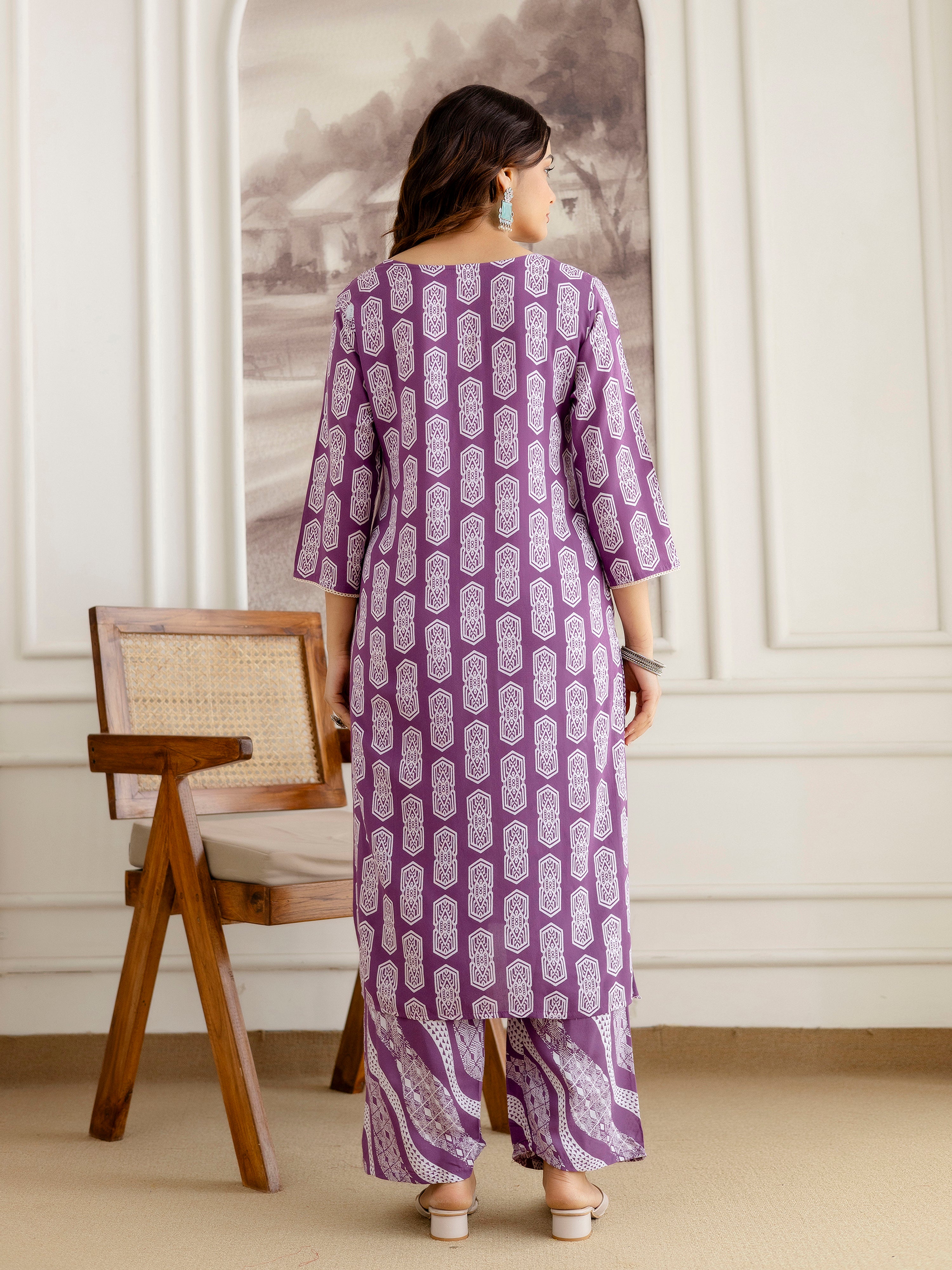 Purple Pure Cotton Geometric Block Print Kurta Pant with Dupatta Set | Embroidery Neck Work Kurta Set Ethnic Wear