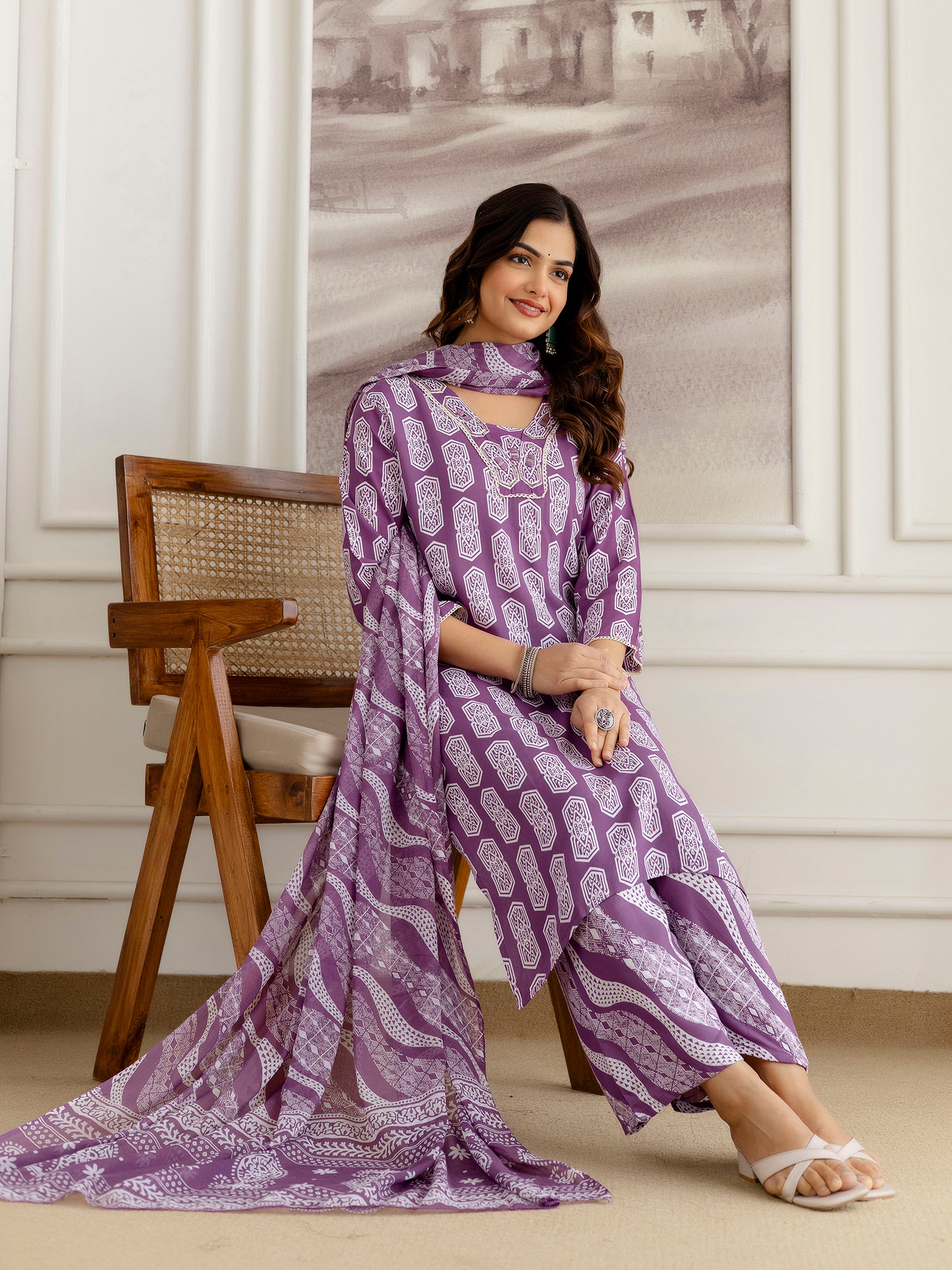 Purple Pure Cotton Geometric Block Print Kurta Pant with Dupatta Set | Embroidery Neck Work Kurta Set Ethnic Wear