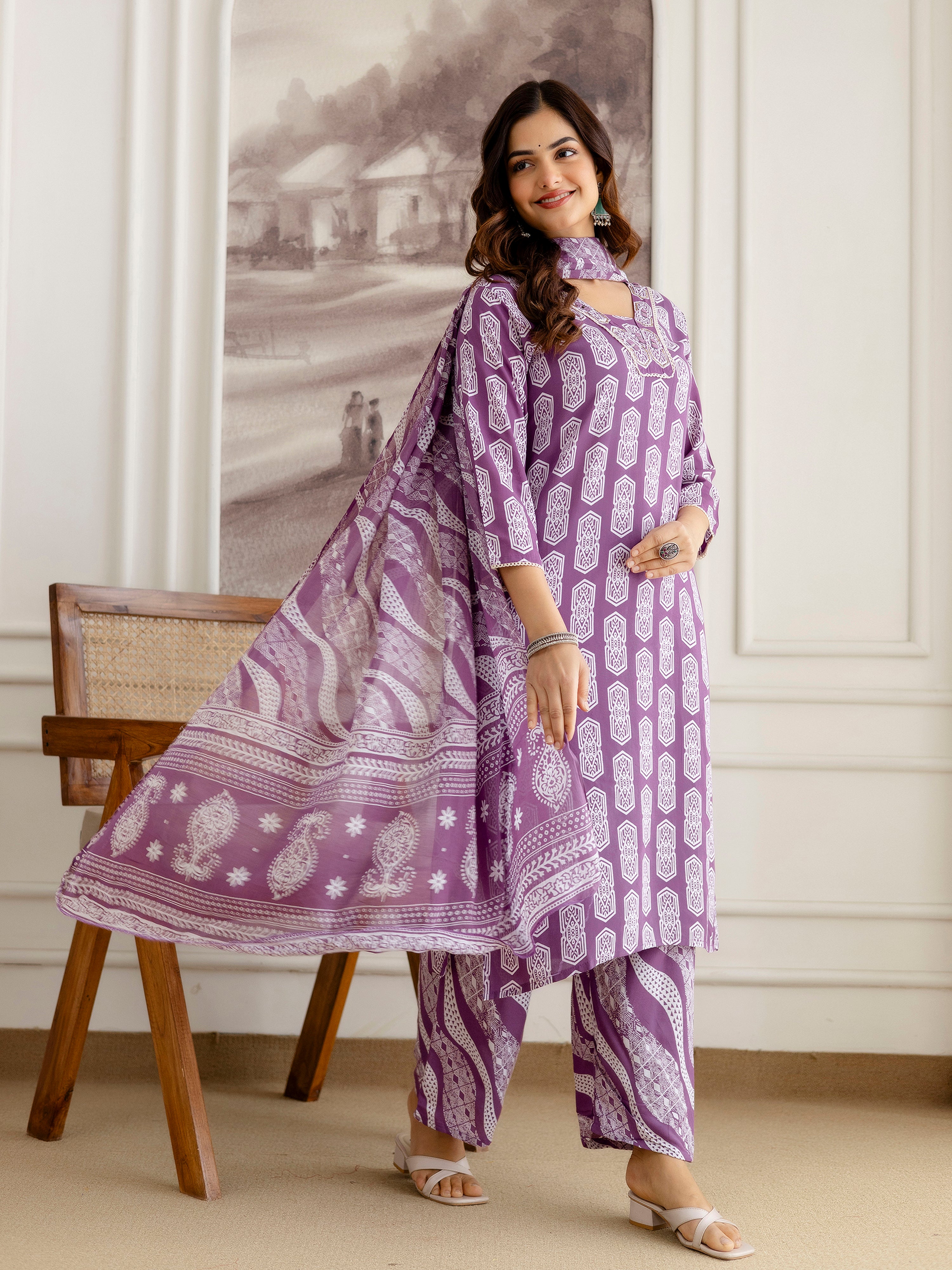 Purple Pure Cotton Geometric Block Print Kurta Pant with Dupatta Set | Embroidery Neck Work Kurta Set Ethnic Wear