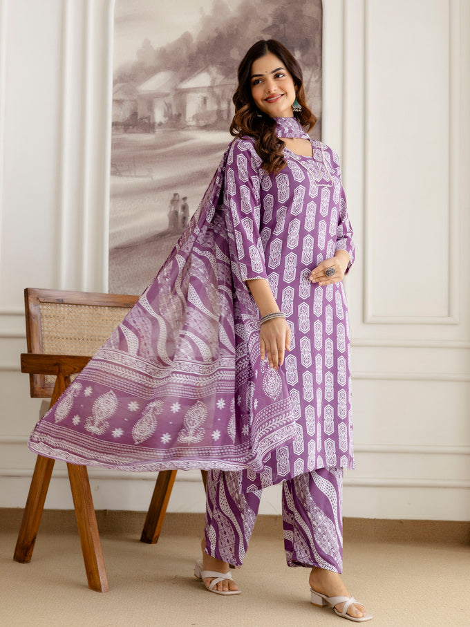 Purple Pure Cotton Geometric Block Print Kurta Pant with Dupatta Set | Embroidery Neck Work Kurta Set Ethnic Wear