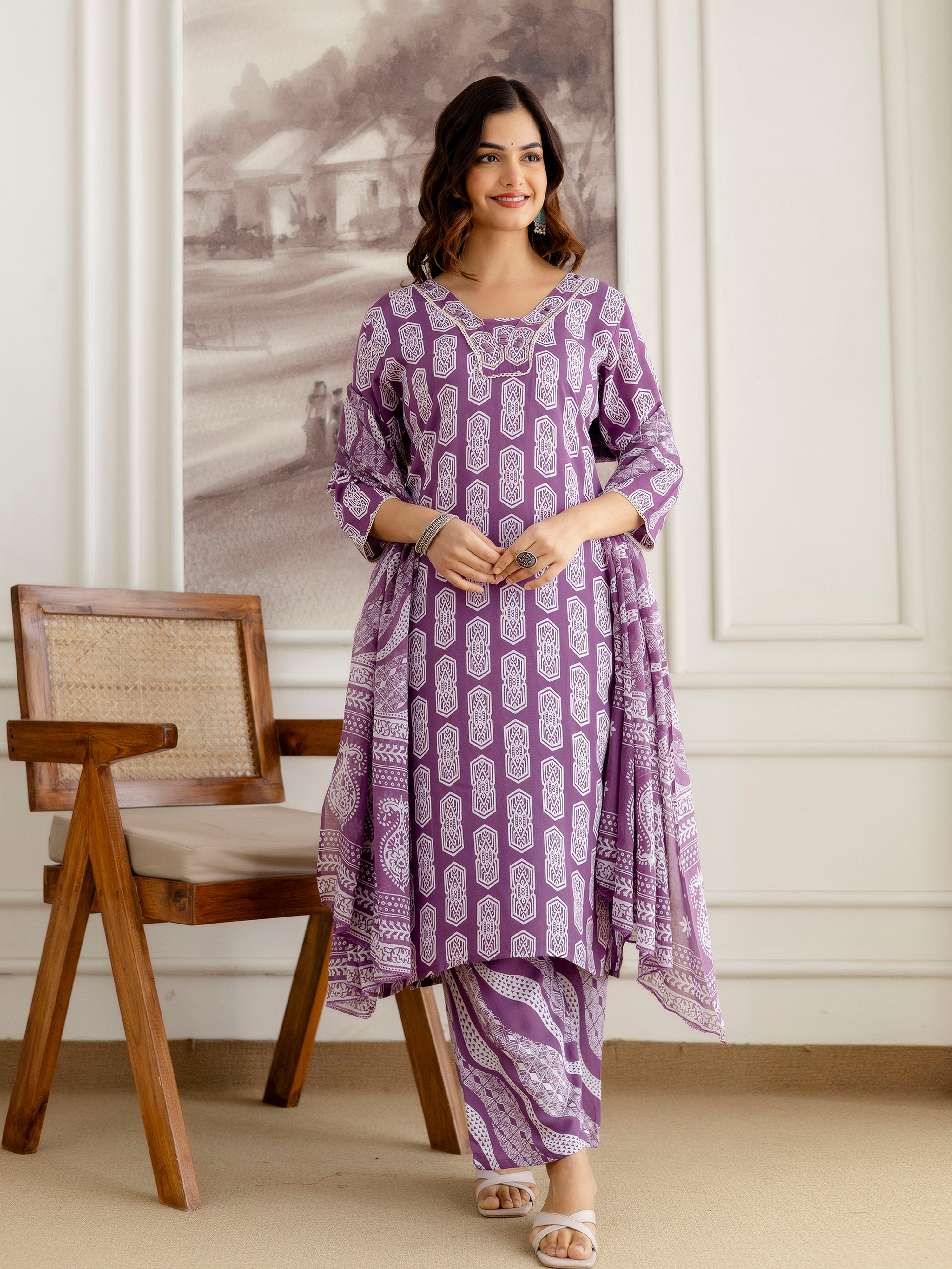 Purple Pure Cotton Geometric Block Print Kurta Pant with Dupatta Set | Embroidery Neck Work Kurta Set Ethnic Wear