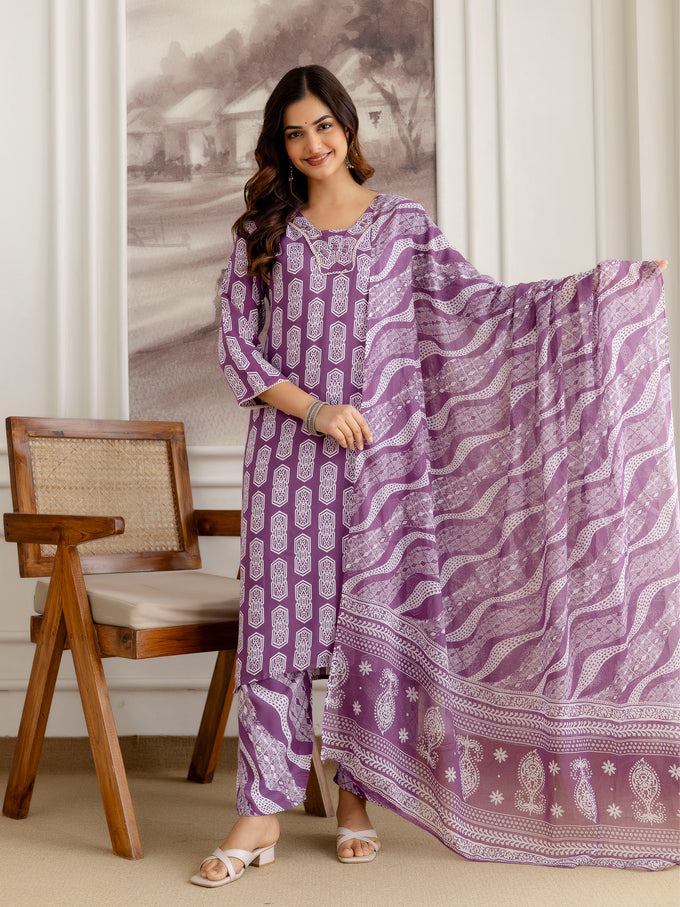 Purple Pure Cotton Geometric Block Print Kurta Pant with Dupatta Set | Embroidery Neck Work Kurta Set Ethnic Wear