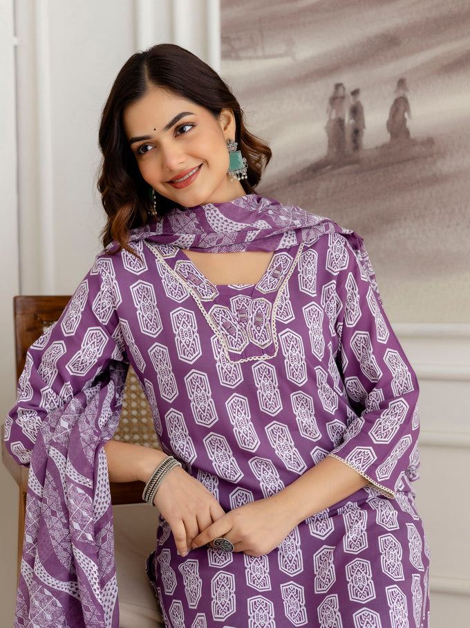Purple Pure Cotton Geometric Block Print Kurta Pant with Dupatta Set | Embroidery Neck Work Kurta Set Ethnic Wear