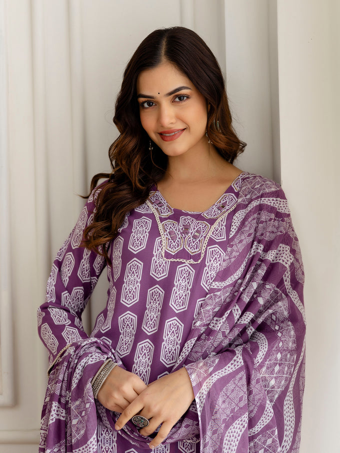 Purple Pure Cotton Geometric Block Print Kurta Pant with Dupatta Set | Embroidery Neck Work Kurta Set Ethnic Wear