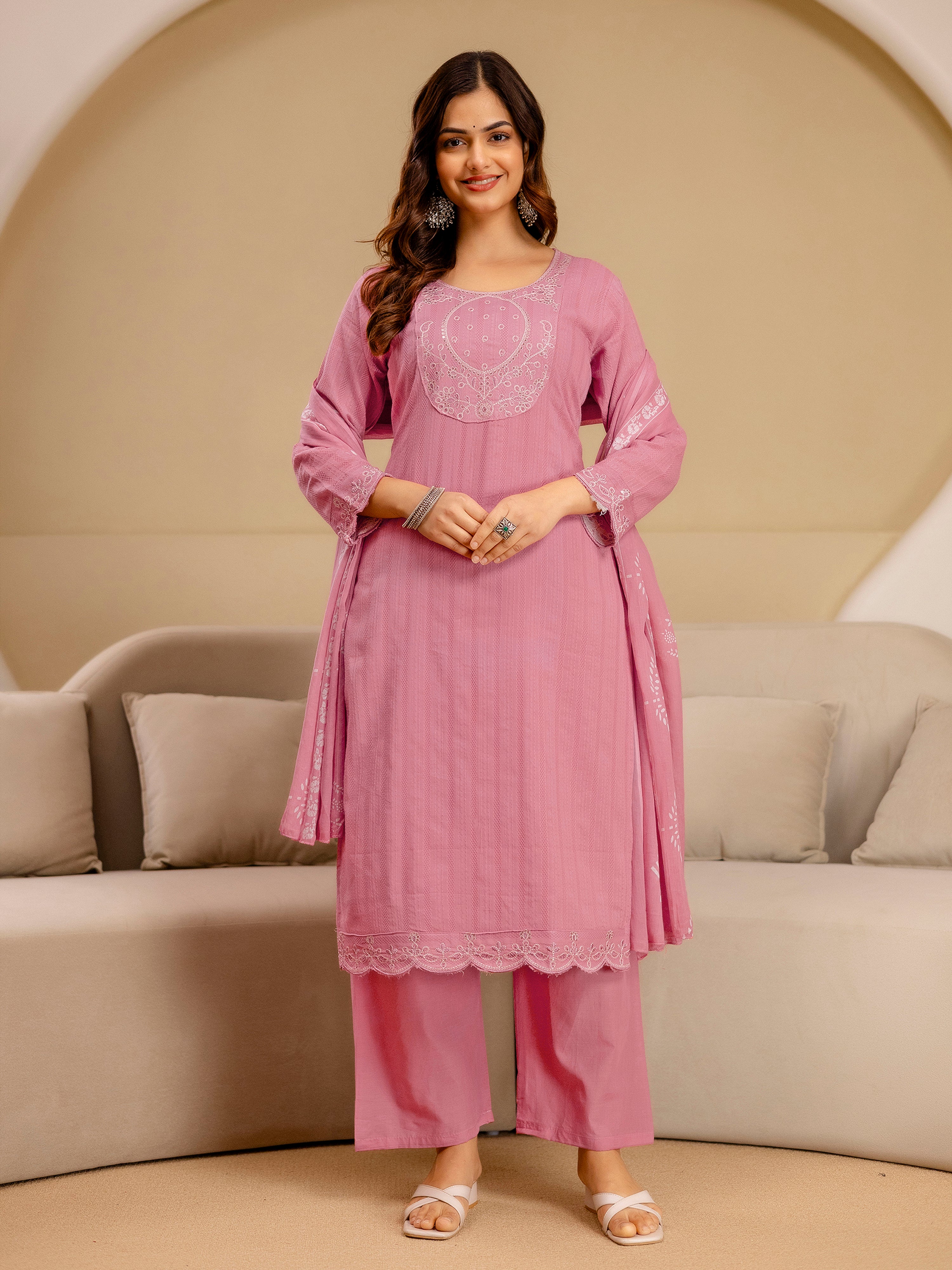 Lightpink Pure Cotton Embroidery Sequence Work Kurta Pant with Ethic Motifs Print Dupatta Set