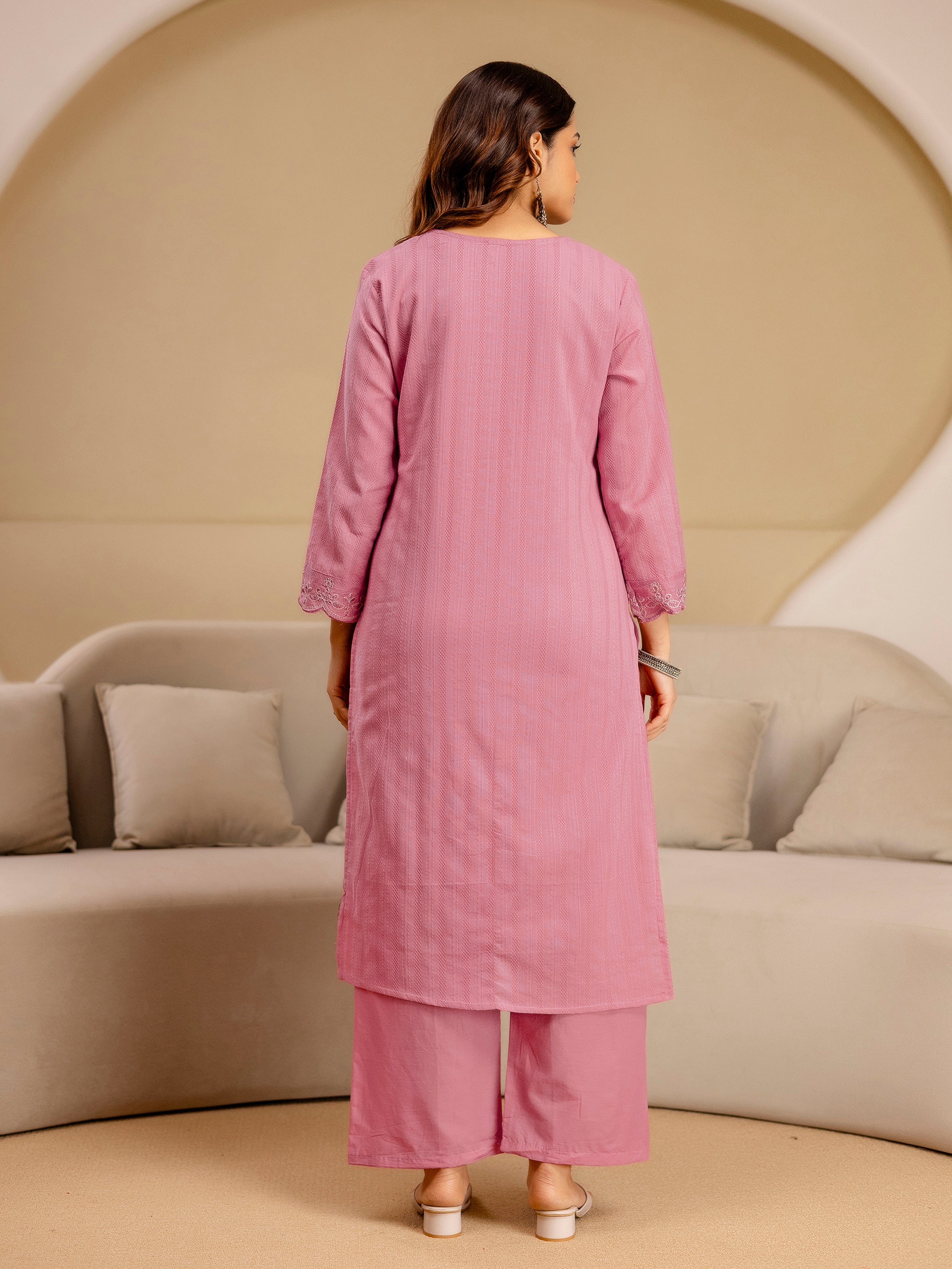 Lightpink Pure Cotton Embroidery Sequence Work Kurta Pant with Ethic Motifs Print Dupatta Set