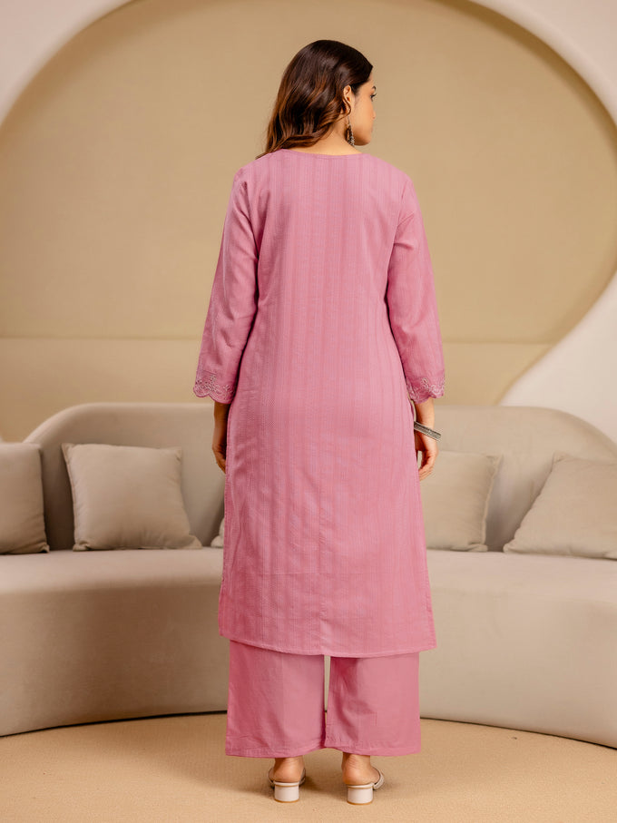 Lightpink Pure Cotton Embroidery Sequence Work Kurta Pant with Ethic Motifs Print Dupatta Set