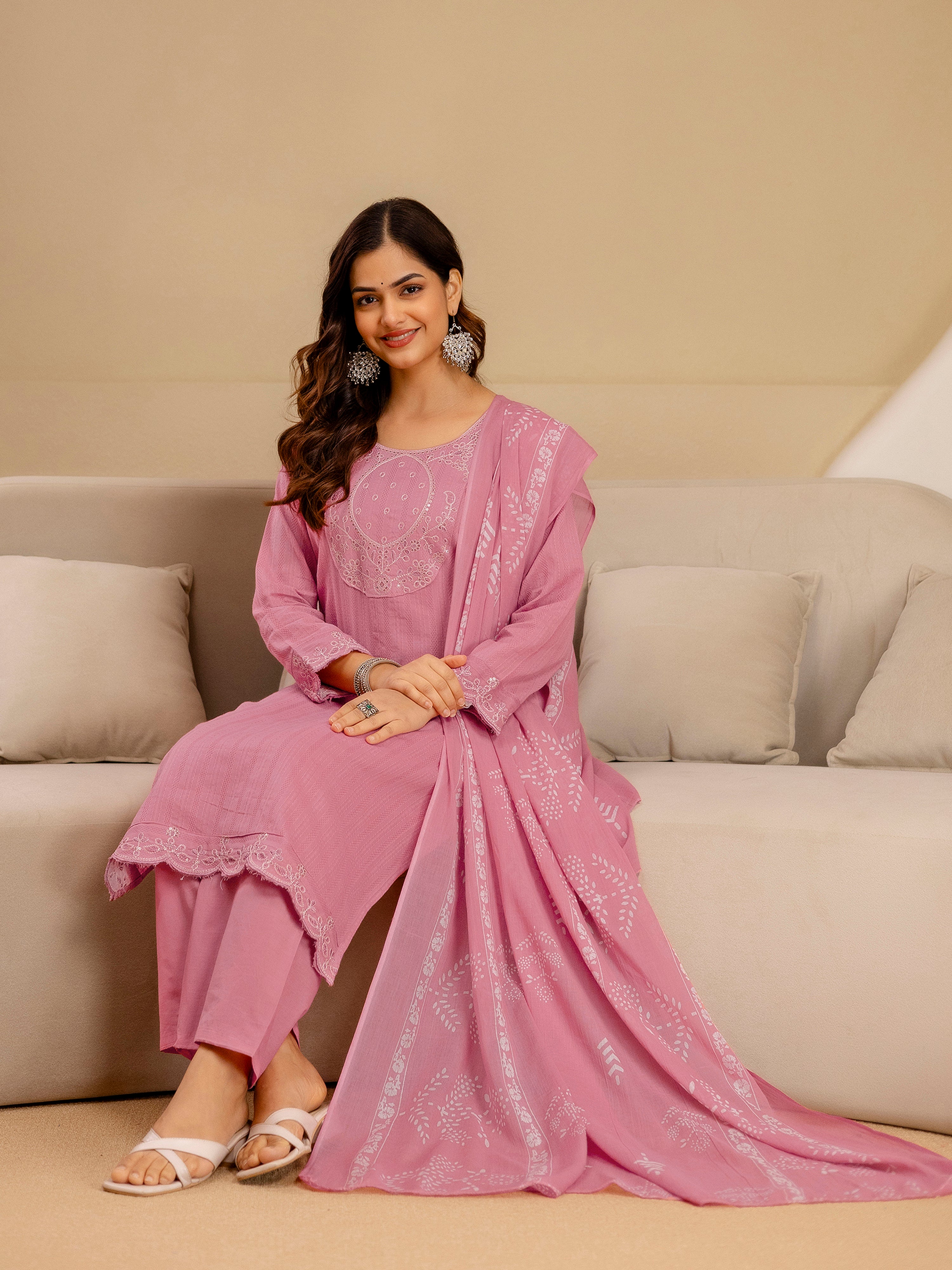 Lightpink Pure Cotton Embroidery Sequence Work Kurta Pant with Ethic Motifs Print Dupatta Set