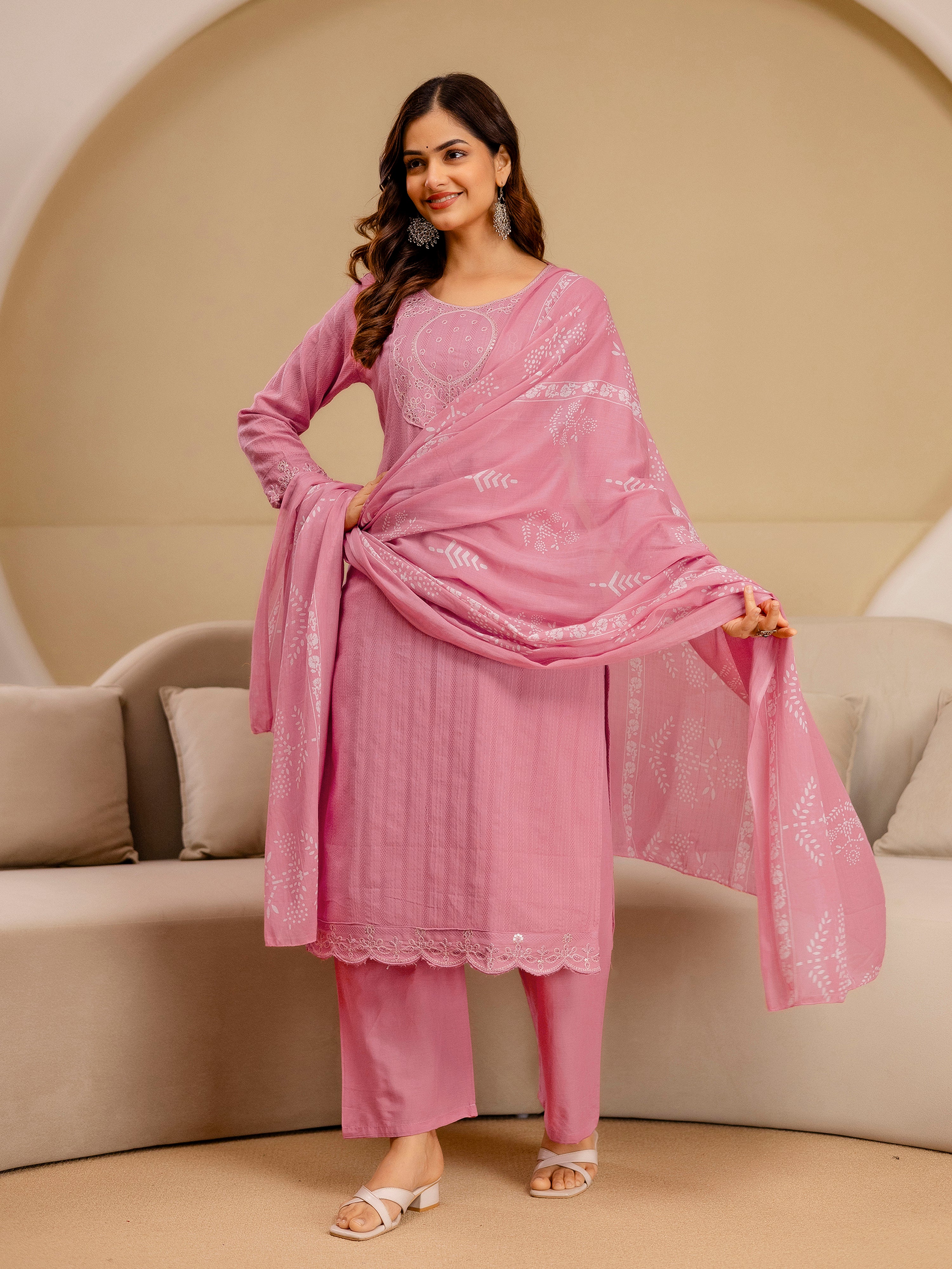 Lightpink Pure Cotton Embroidery Sequence Work Kurta Pant with Ethic Motifs Print Dupatta Set