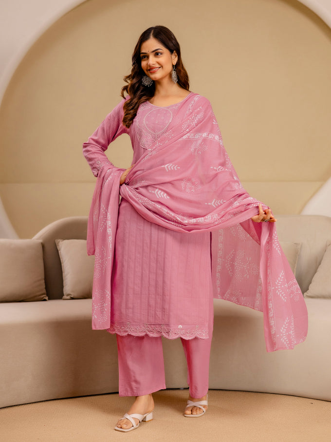Lightpink Pure Cotton Embroidery Sequence Work Kurta Pant with Ethic Motifs Print Dupatta Set
