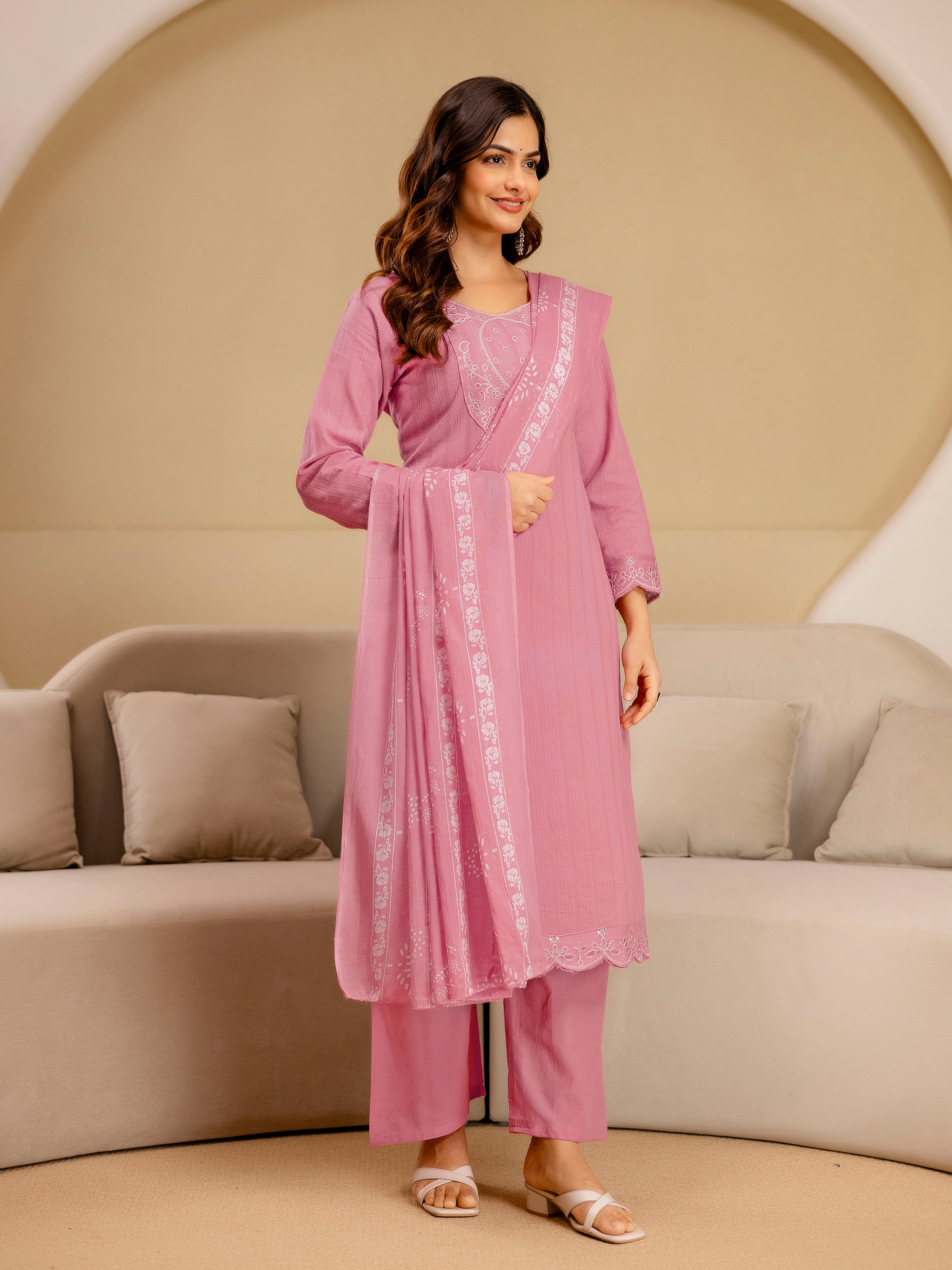Lightpink Pure Cotton Embroidery Sequence Work Kurta Pant with Ethic Motifs Print Dupatta Set