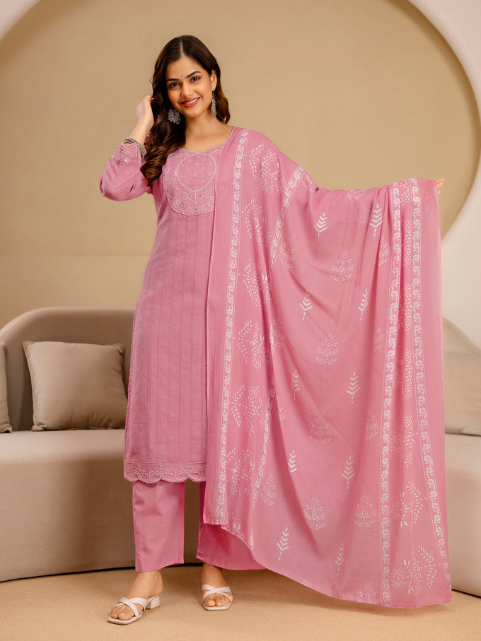 Lightpink Pure Cotton Embroidery Sequence Work Kurta Pant with Ethic Motifs Print Dupatta Set