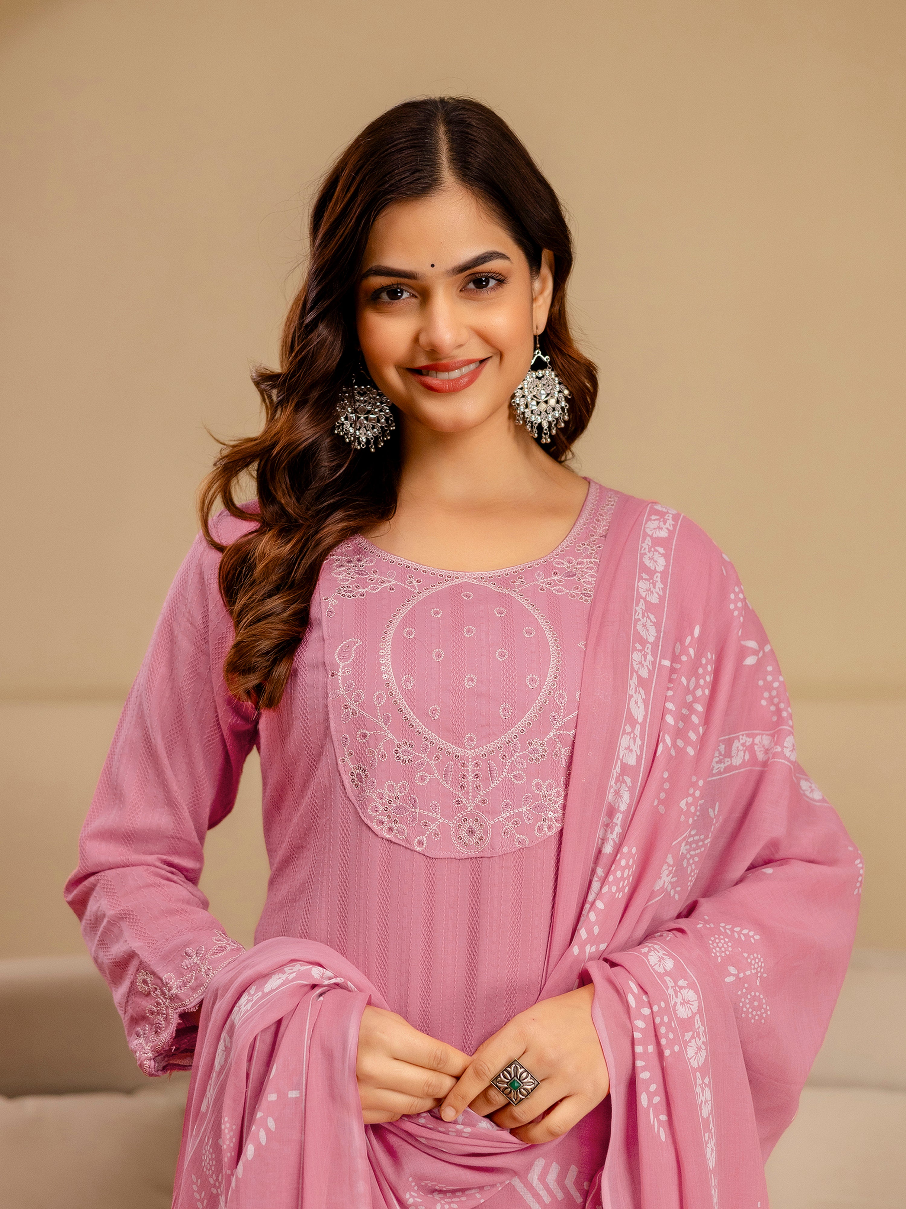 Lightpink Pure Cotton Embroidery Sequence Work Kurta Pant with Ethic Motifs Print Dupatta Set