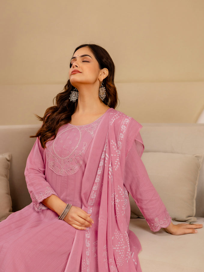 Lightpink Pure Cotton Embroidery Sequence Work Kurta Pant with Ethic Motifs Print Dupatta Set