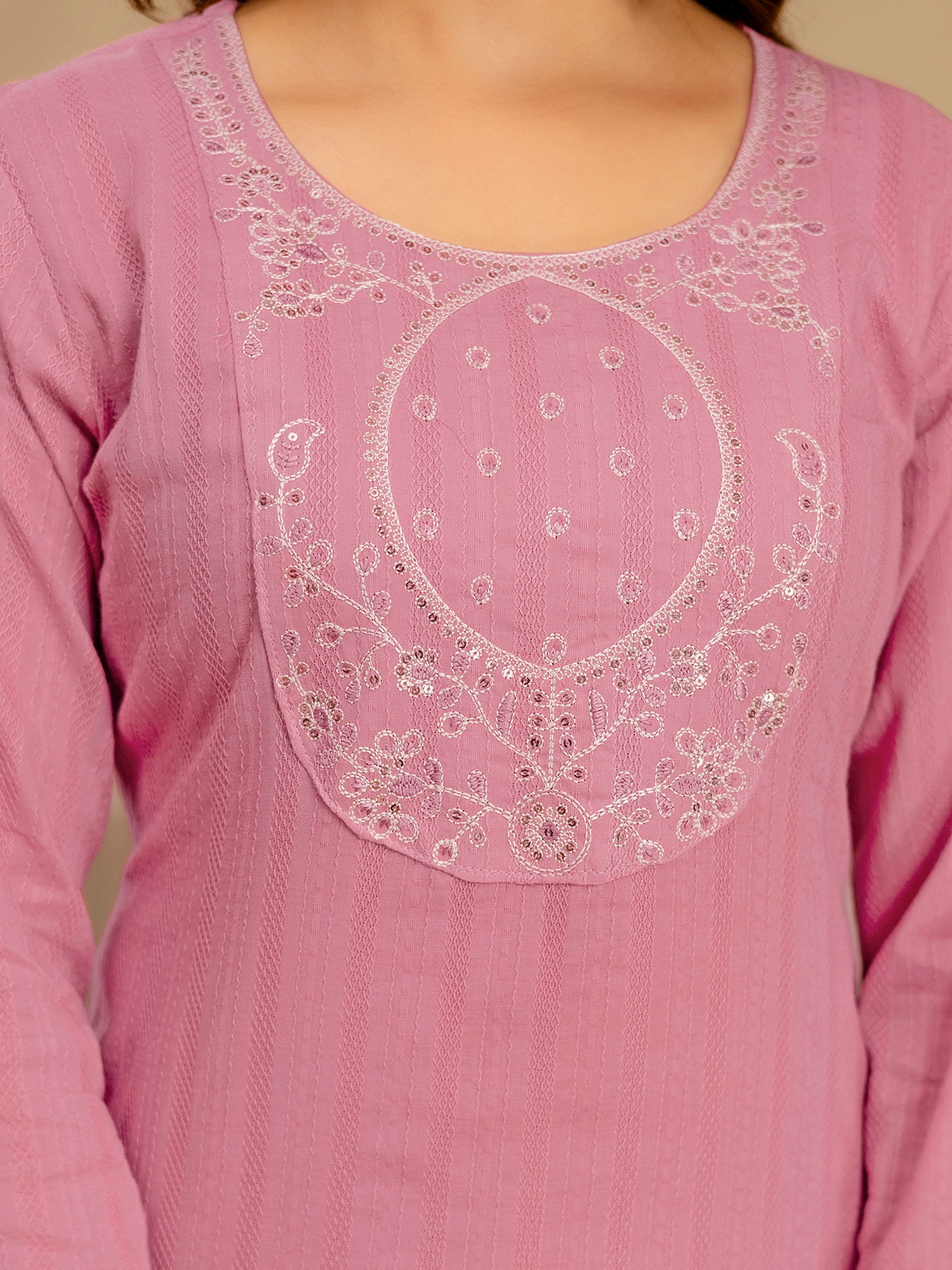 Lightpink Pure Cotton Embroidery Sequence Work Kurta Pant with Ethic Motifs Print Dupatta Set