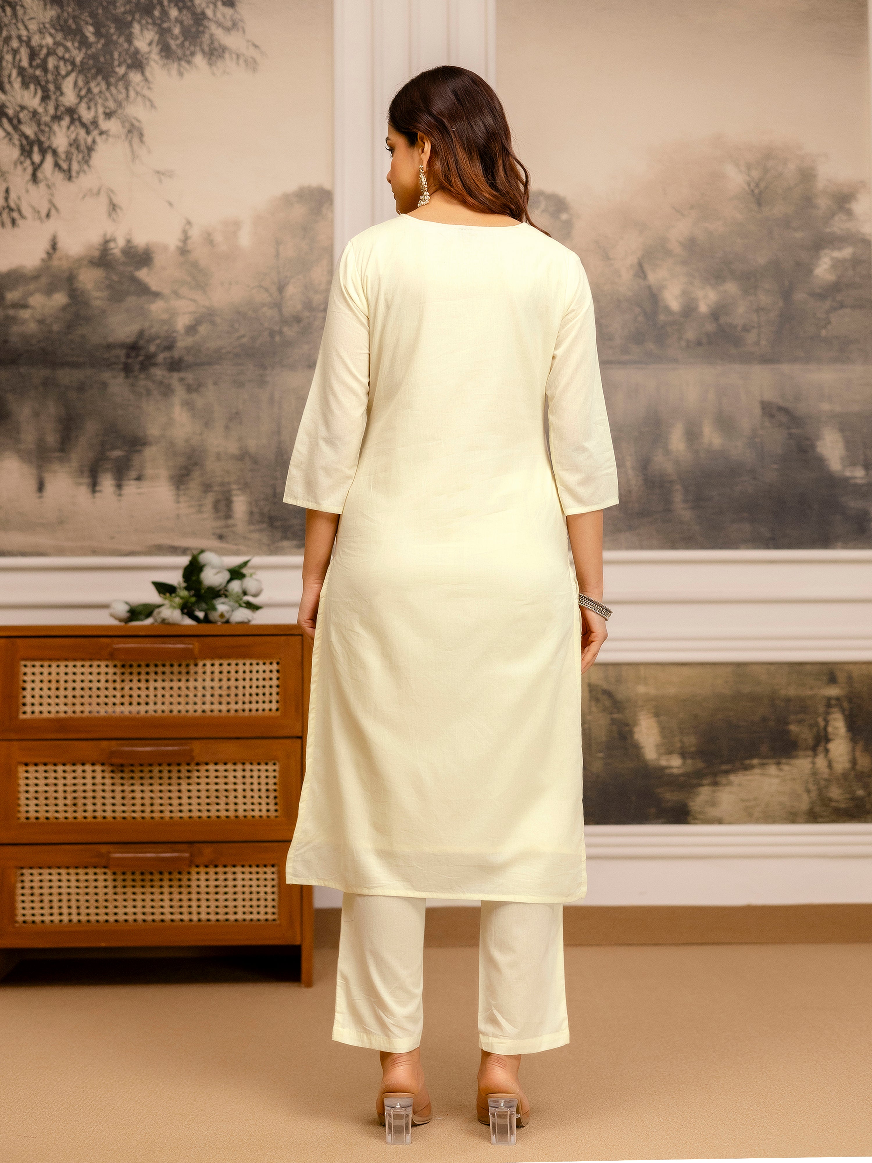 Offwhite Pure Cotton Floral Print Kurta Pant with Dupatta Set | Beads Embroidery Neck Work Kurta Set Ethnic Wear