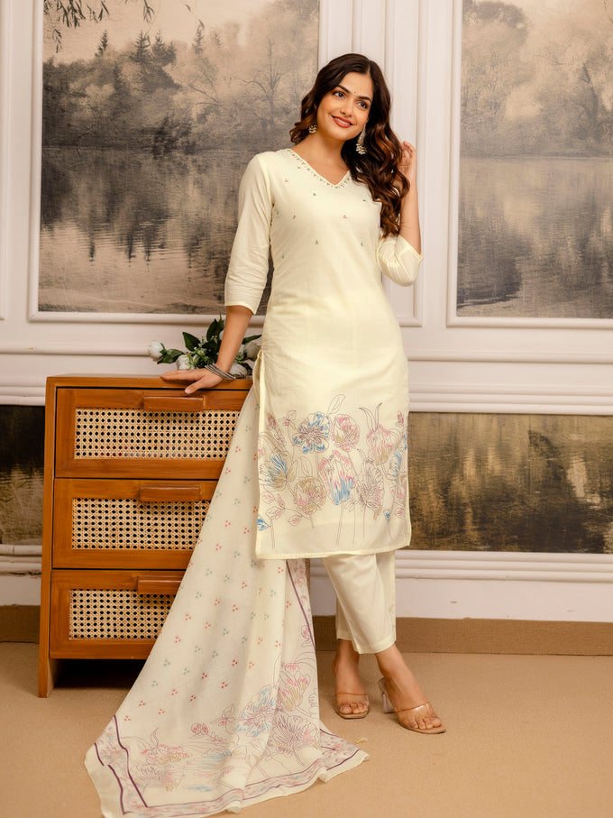 Offwhite Pure Cotton Floral Print Kurta Pant with Dupatta Set | Beads Embroidery Neck Work Kurta Set Ethnic Wear