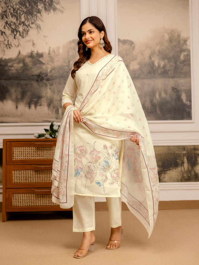Offwhite Pure Cotton Floral Print Kurta Pant with Dupatta Set | Beads Embroidery Neck Work Kurta Set Ethnic Wear
