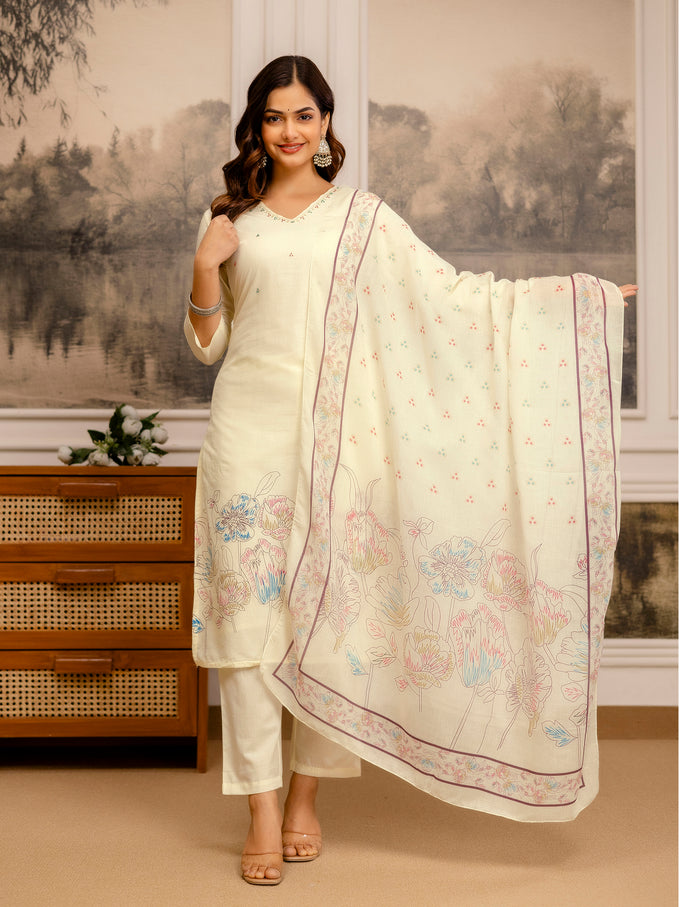 Offwhite Pure Cotton Floral Print Kurta Pant with Dupatta Set | Beads Embroidery Neck Work Kurta Set Ethnic Wear