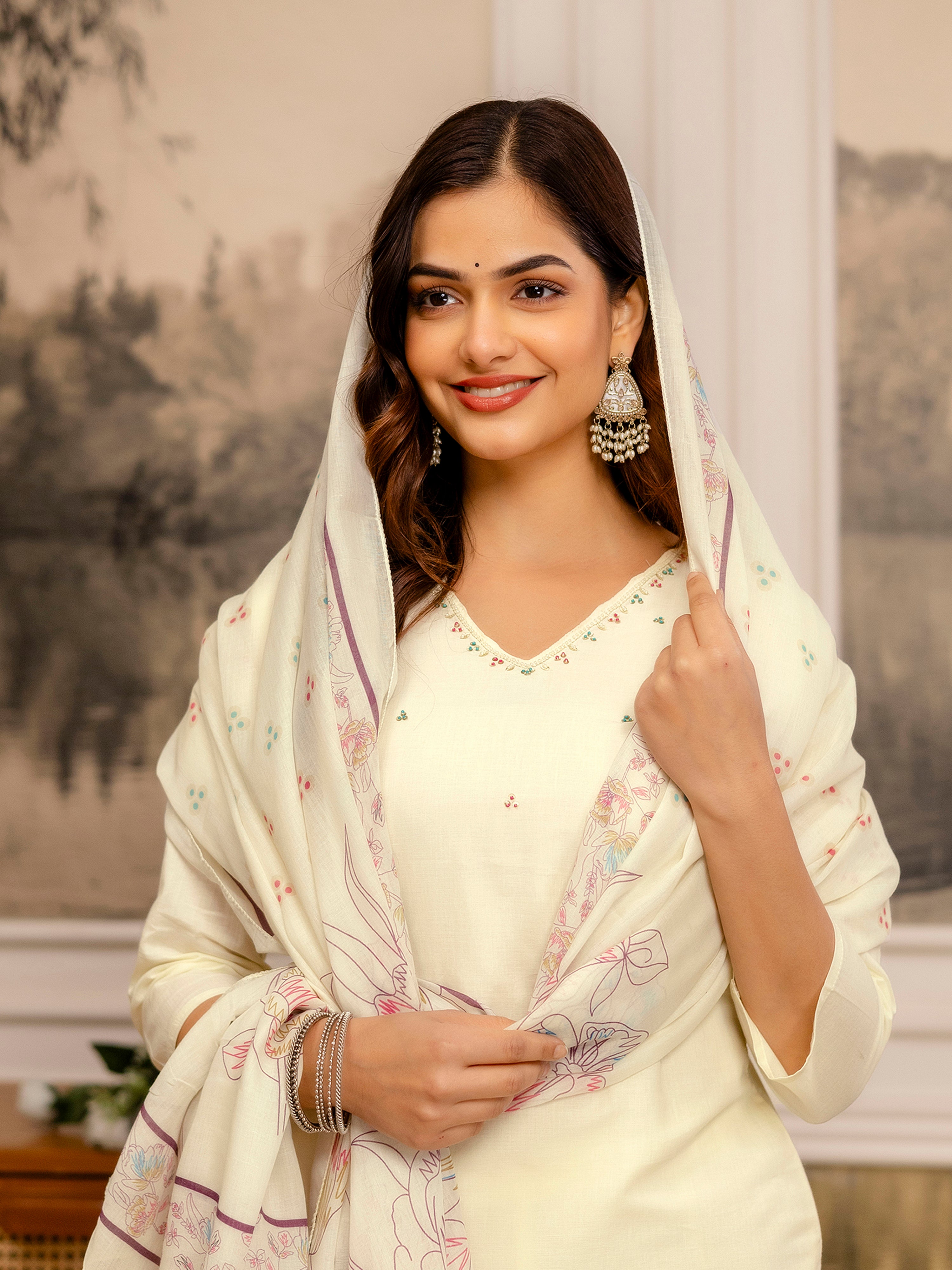 Offwhite Pure Cotton Floral Print Kurta Pant with Dupatta Set | Beads Embroidery Neck Work Kurta Set Ethnic Wear