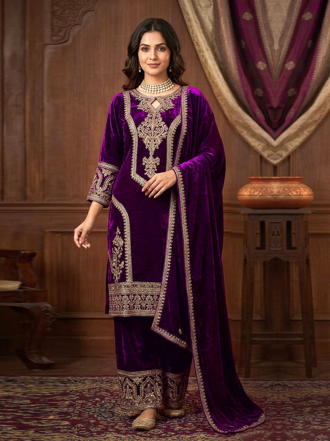 Purple Velvet Embroidery Sequence Work Kurta Pant with Dupatta for Women