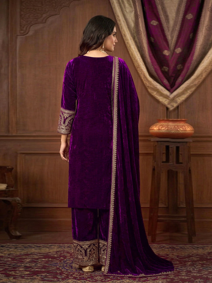Purple Velvet Embroidery Sequence Work Kurta Pant with Dupatta for Women