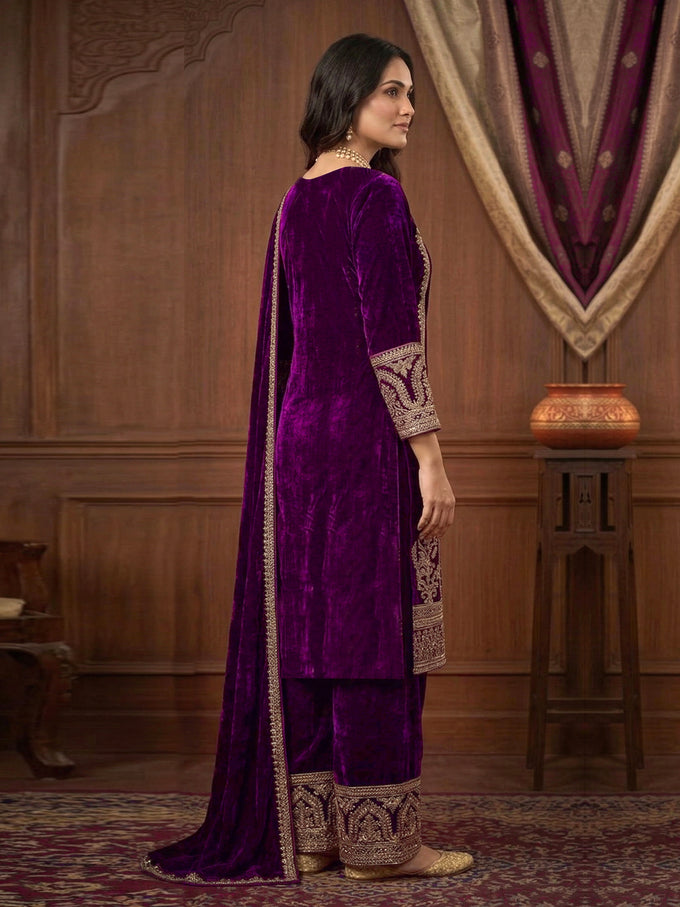 Purple Velvet Embroidery Sequence Work Kurta Pant with Dupatta for Women