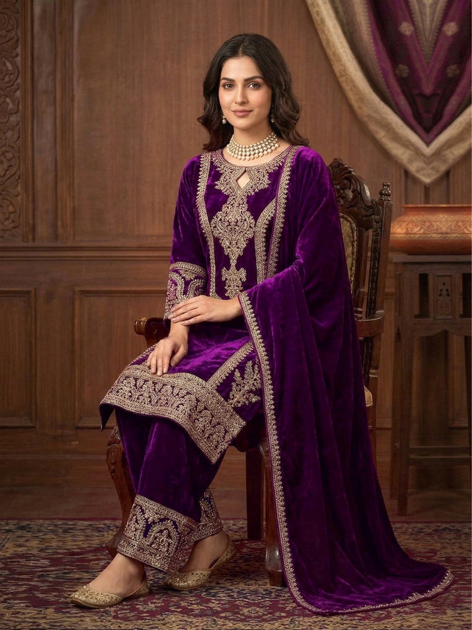 Purple Velvet Embroidery Sequence Work Kurta Pant with Dupatta for Women