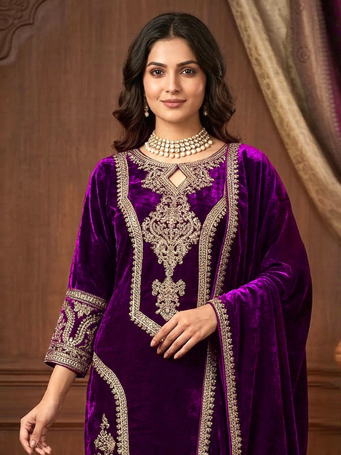 Purple Velvet Embroidery Sequence Work Kurta Pant with Dupatta for Women
