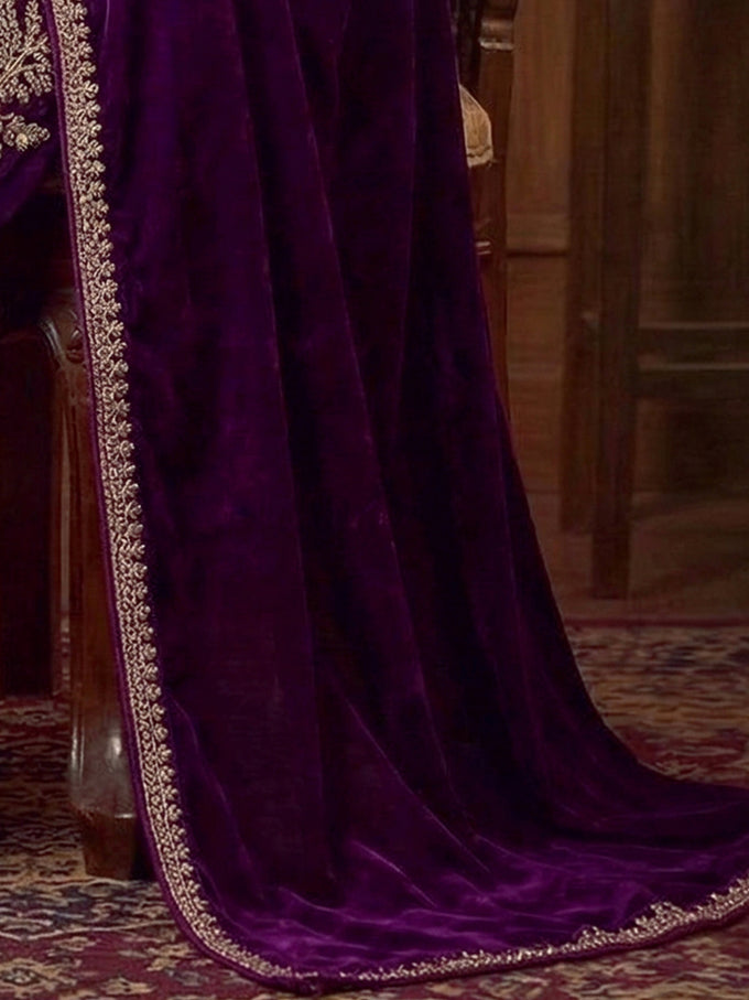 Purple Velvet Embroidery Sequence Work Kurta Pant with Dupatta for Women