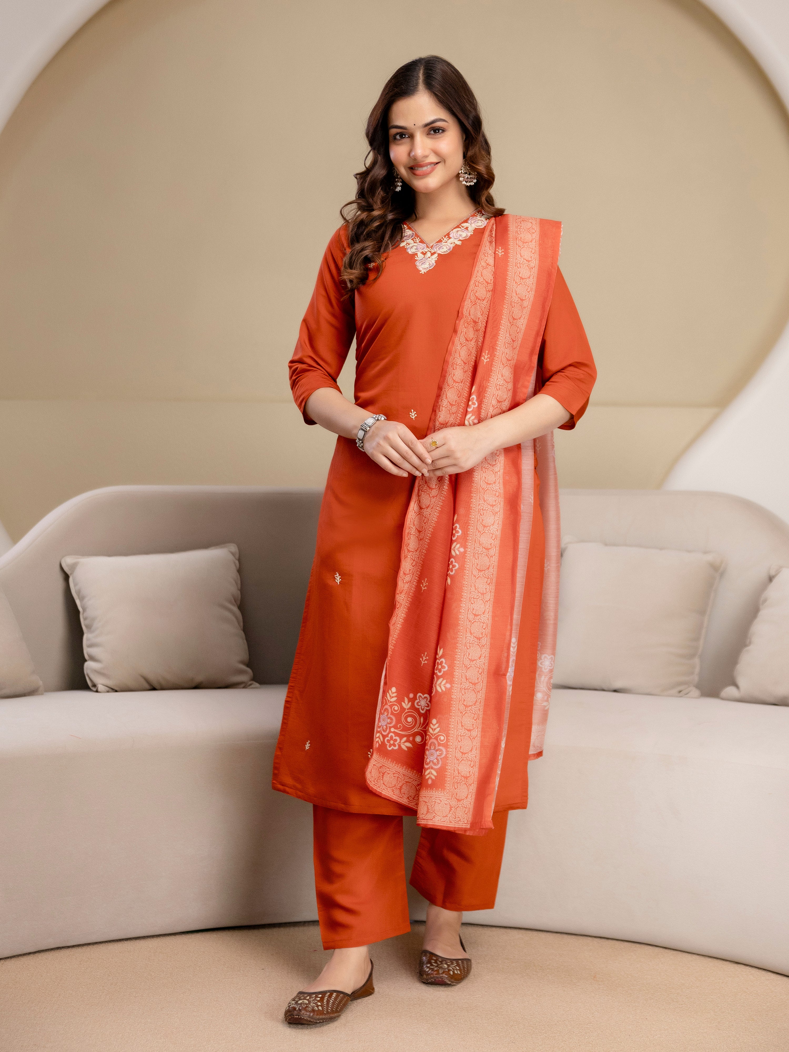 Orange Chanderi Cotton Embroidery Work Kurta Pant with Dupatta Set