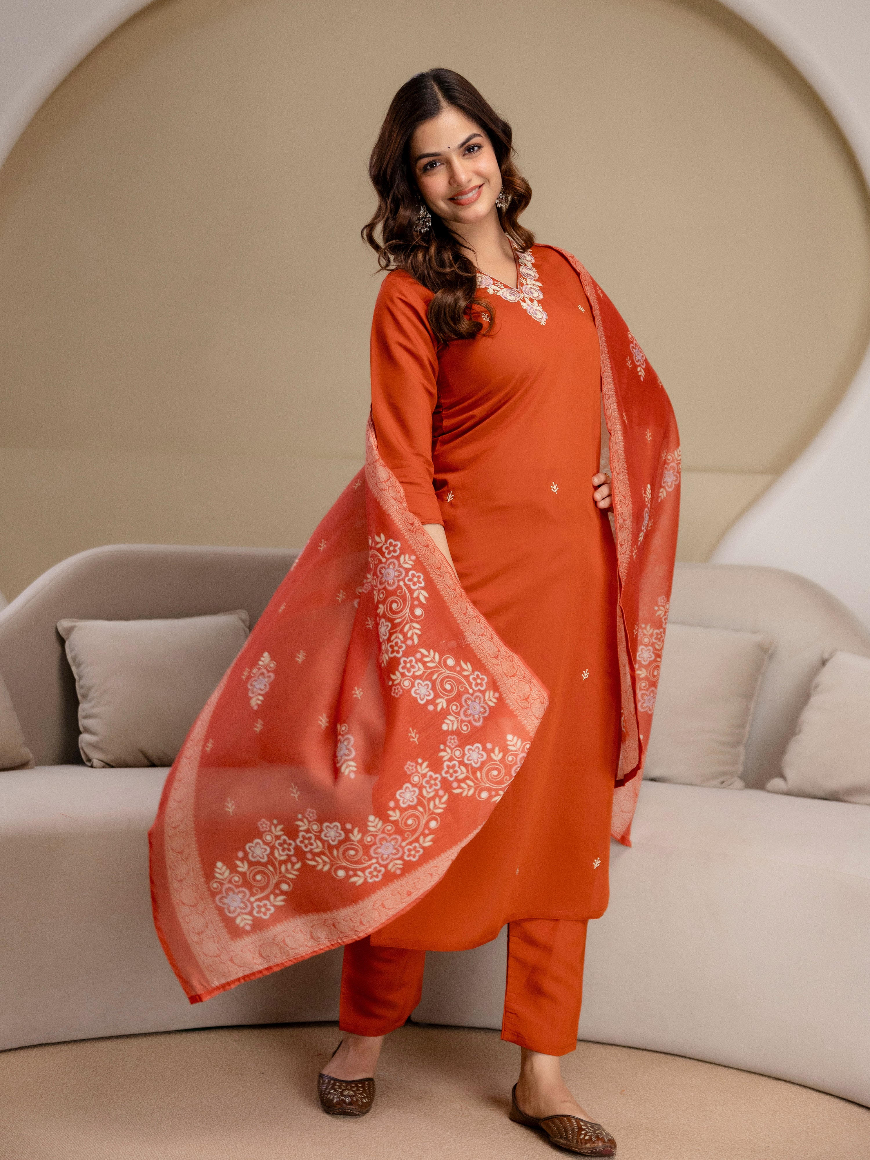 Orange Chanderi Cotton Embroidery Work Kurta Pant with Dupatta Set